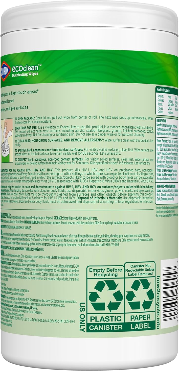 CloroxPro Clorox EcoClean Disinfecting Wipes, Multipurpose 100% Plant Based Cleaning Cloths, Antibacterial Disinfectant, Safe for Multi Surface Use, 75 Count (Pack of 6) - Image 13