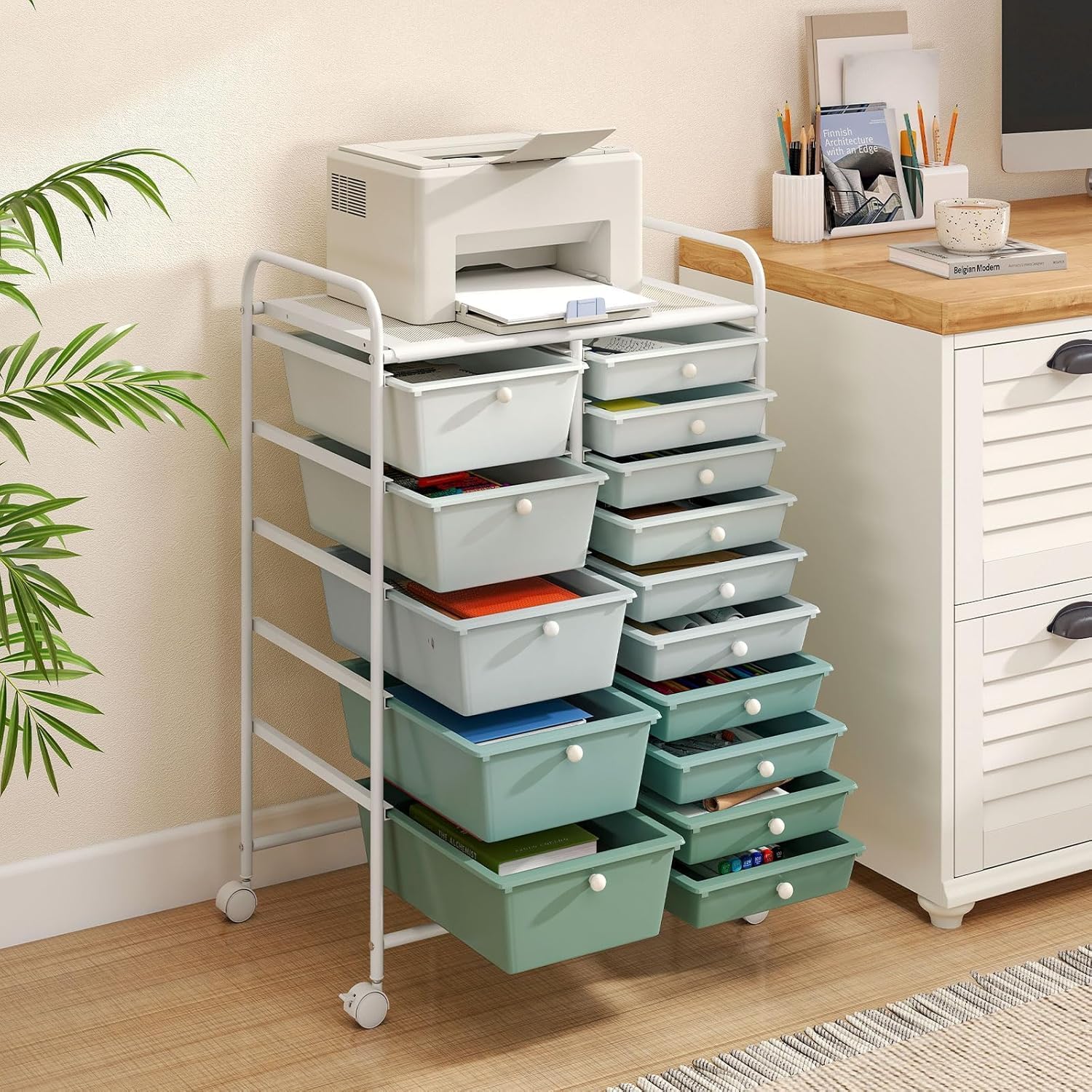 LDAILY 15 Drawer Rolling Storage Cart, Rolling Cart with Drawers for Classroom, Art Supply Craft Organizer on Wheel with Metal Frame & Handles for Home Office School (Gradient Green, 15 Drawer) - Image 7