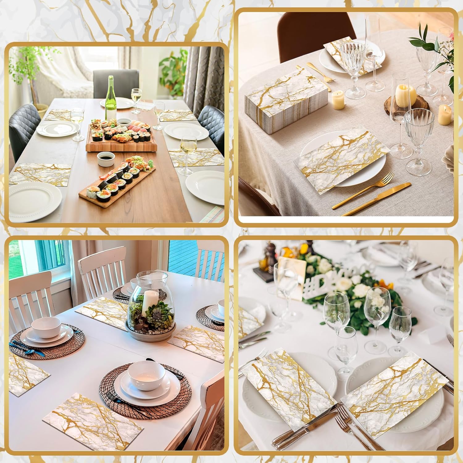 Geyoga 100 Pcs Marble Guest Napkins 2 Ply Disposable Guest Bathroom Paper Napkins Black Gold Marbleized Hand Towels for Home Bathroom Kitchen Table Decor (White Gold) - Image 4