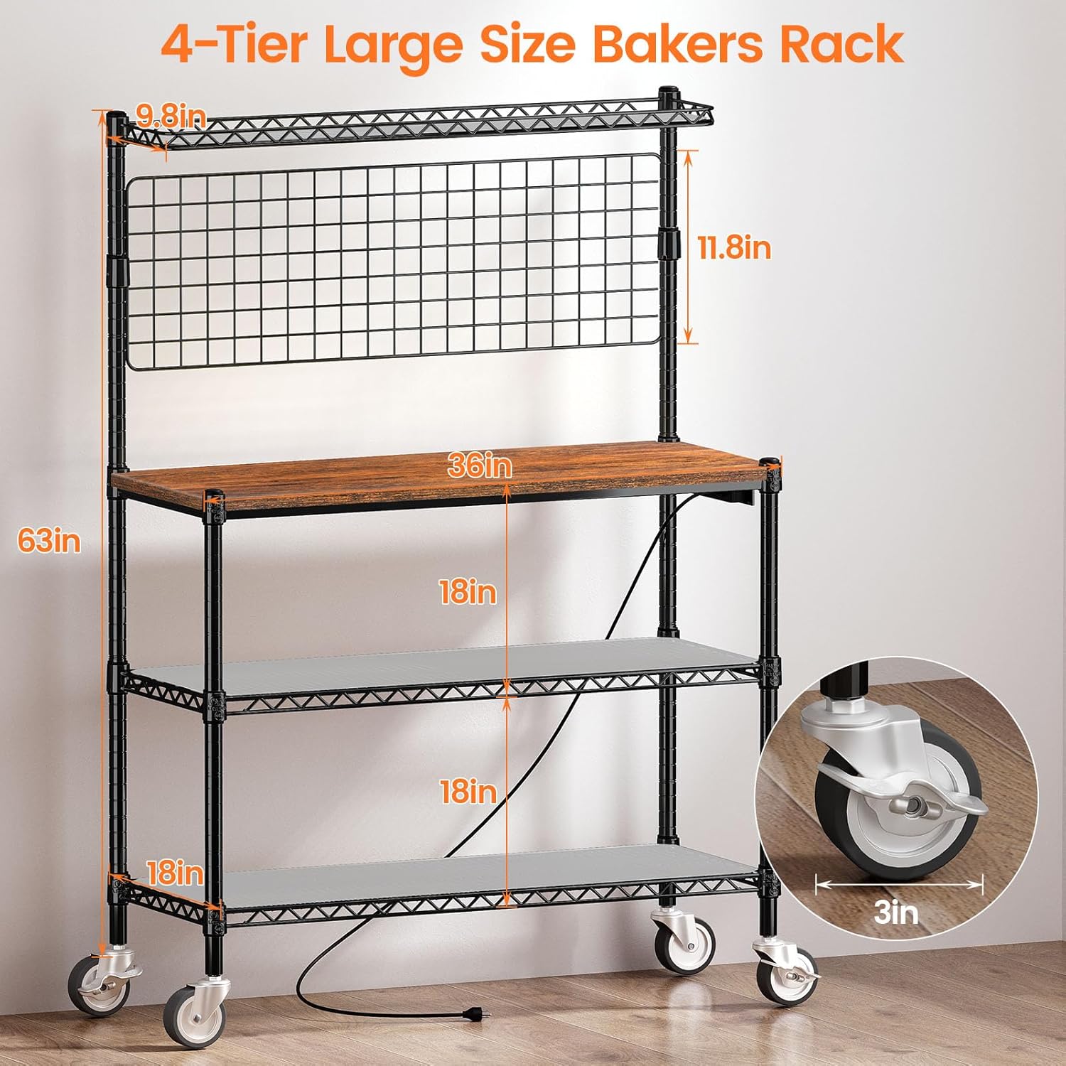 Leteuke Bakers Rack with Power Outlet & Storage, 36 Inch Microwave Stand Kitchen Cart, 4-Tier Metal Kitchen Shelves Cart with Wheels & 20 S-Hooks for Kitchen, NSF Certified, 63 x 18 x 36 Inch-Black - Image 3