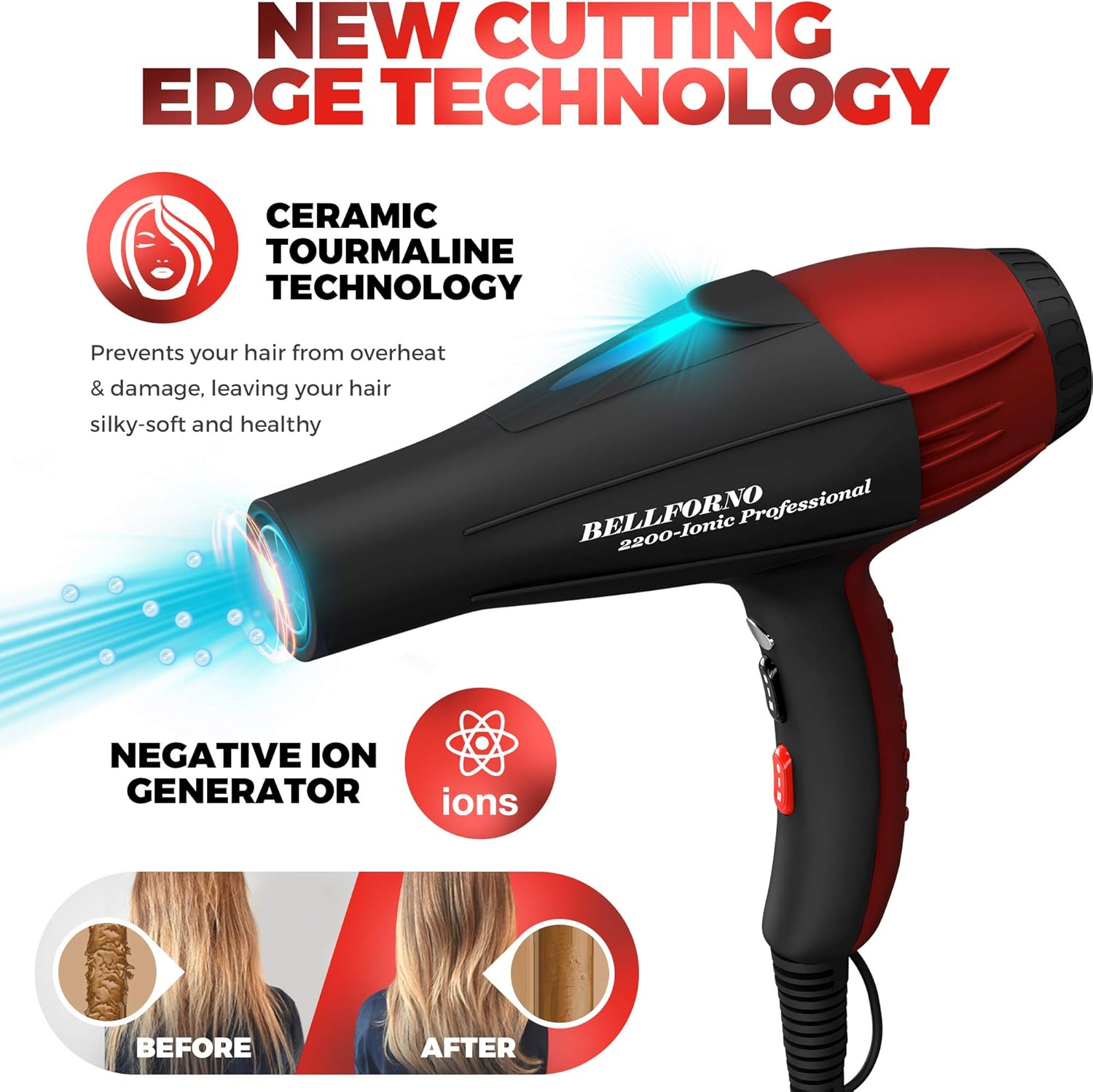 Professional Ionic Salon Hair Dryer, 2200 Watt Powerful AC Motor Ceramic Tourmaline Ion Blow Dryer, Quiet Hair Dryers with Diffuser & 2 Concentrator Nozzle Attachments Black/Red - Image 5