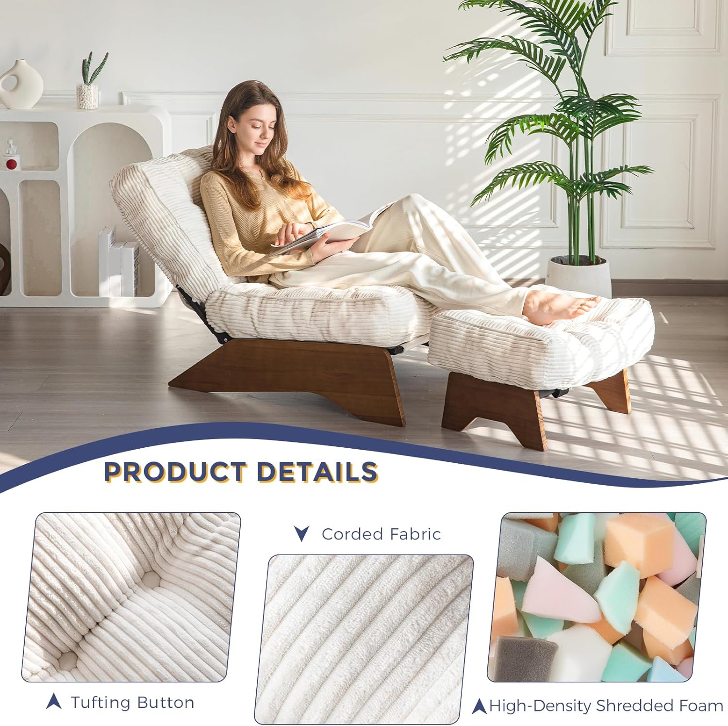 MAXYOYO Accent Chair with Ottoman Adjustable Backrest, Tufted Living Room Chair Upholstered Lounge Chair with Footrest Set, Modern Chair Cozy Reclining Chair for Reading Room, Beige - Image 5