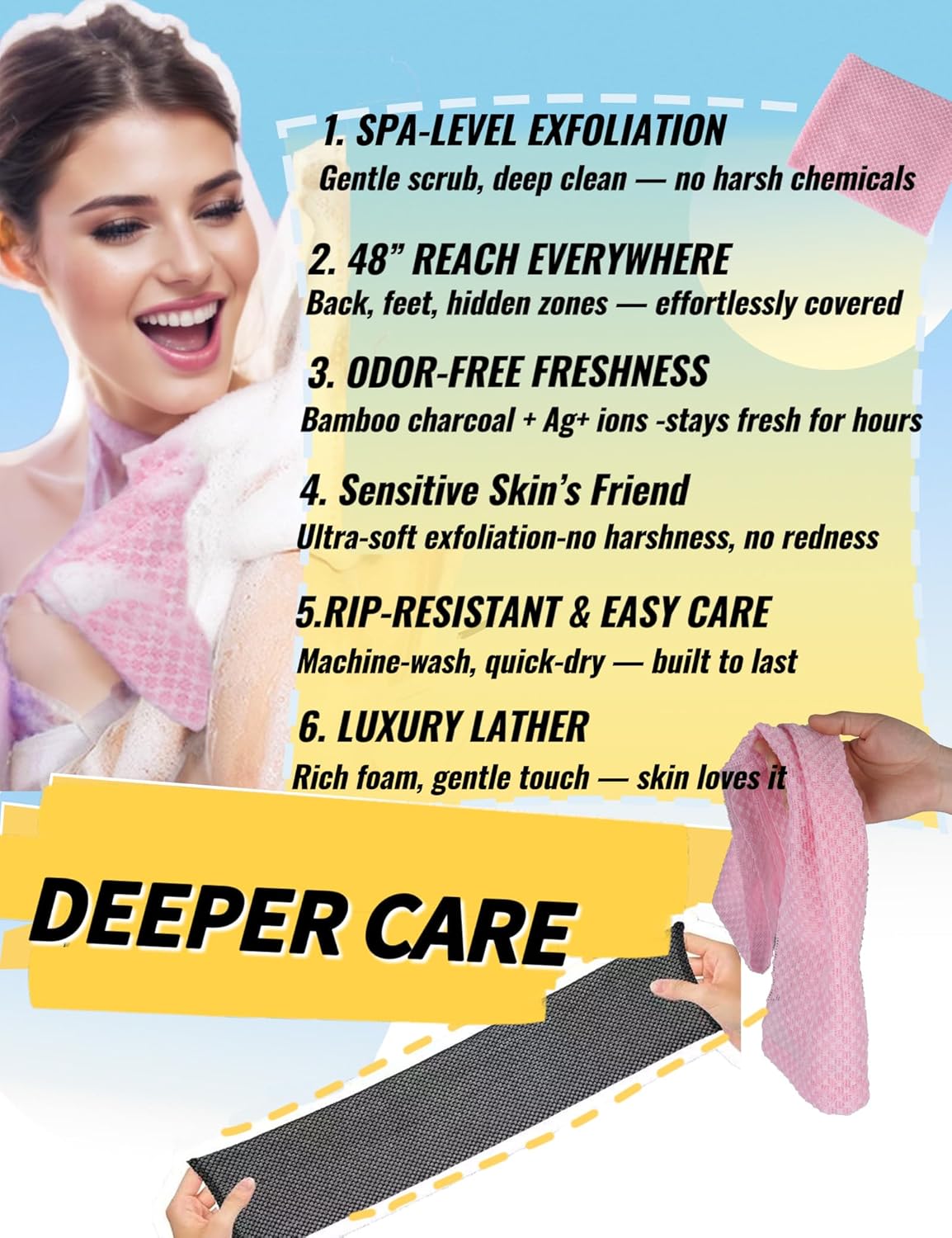BLISALI Exfoliating Shower Towel 48",Premium Scrub Wash Cloth for Body Face, Exfoliating Washcloth for Men and Woman (Black1) - Image 2