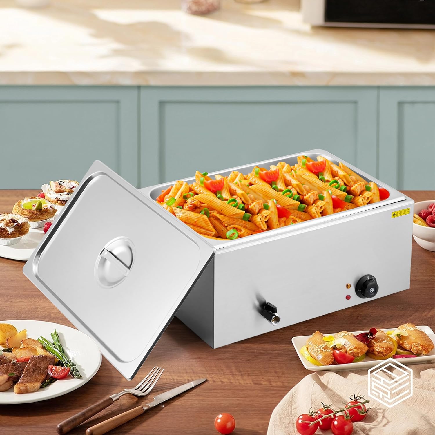 21QT 1 Pan Electric Commercial Food Warmer, 200W Stainless Steel Bain Marie Buffet Steam Table with Lid and Ladle, for Catering Restaurant, Silver - Image 3