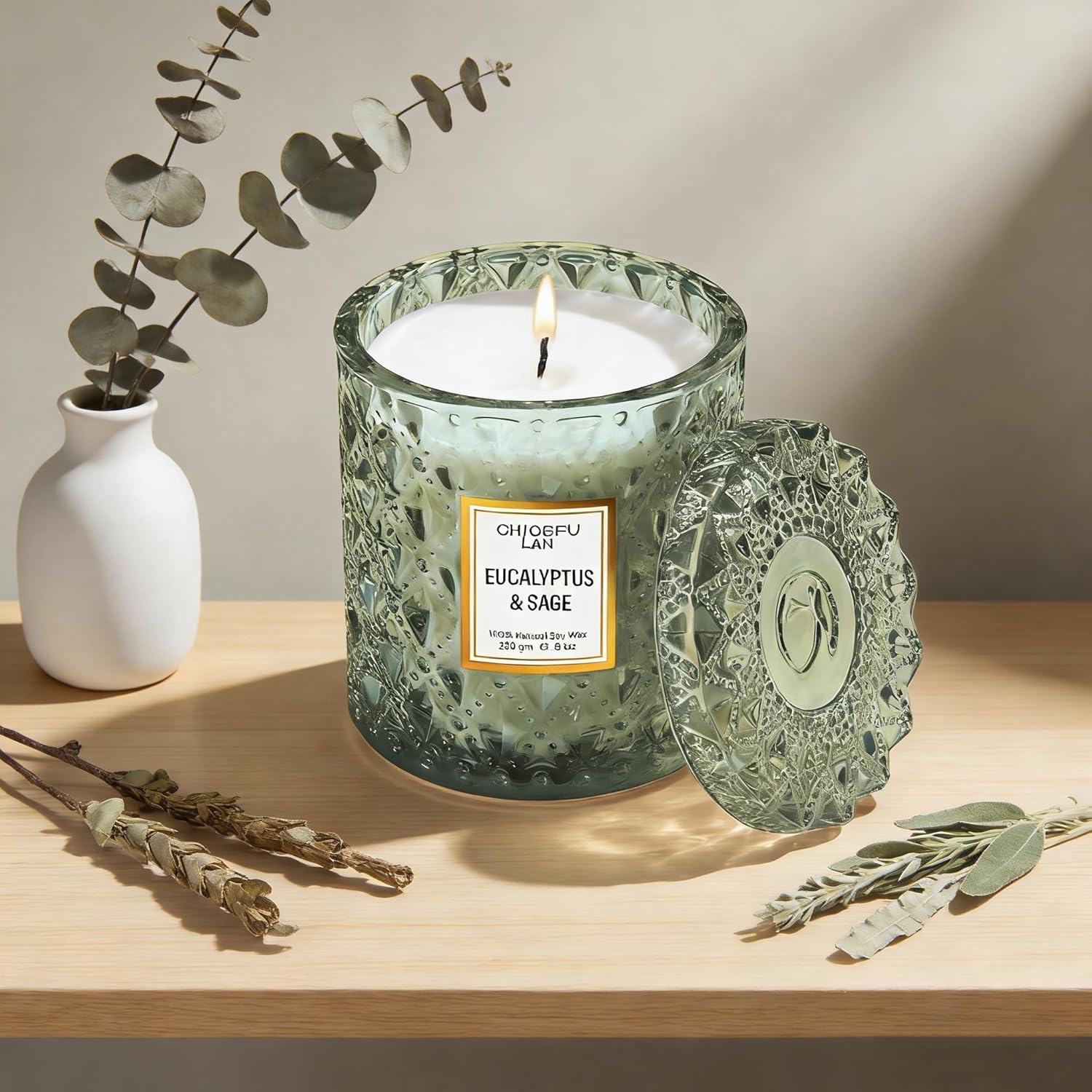 Chloefu LAN Eucalyptus & Sage Scented Candles Luxury Candle with up to 55 Hour Long Lasting, Highly Scented, 100% Soy Wax, 8.1oz, Beautiful Candles, Ideal for Home Decor and Gifts - Image 3