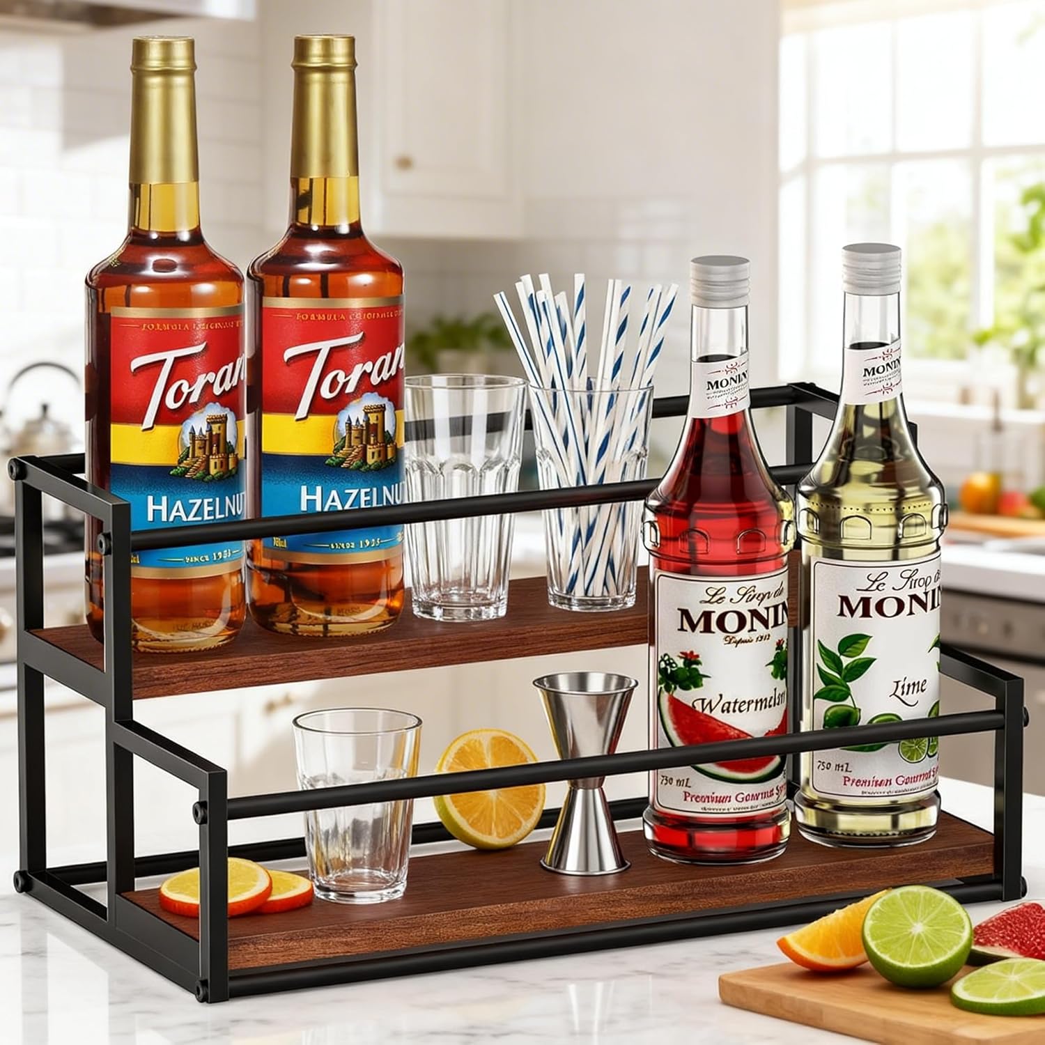 THYGIFTREE Coffee Syrup Rack Organizer 2-Tier 10 Syrup Bottles Holder Stand for Coffee Bar Storage Shelves for Syrup, Wine, Dressing for Kitchen Coffee Station - Image 5