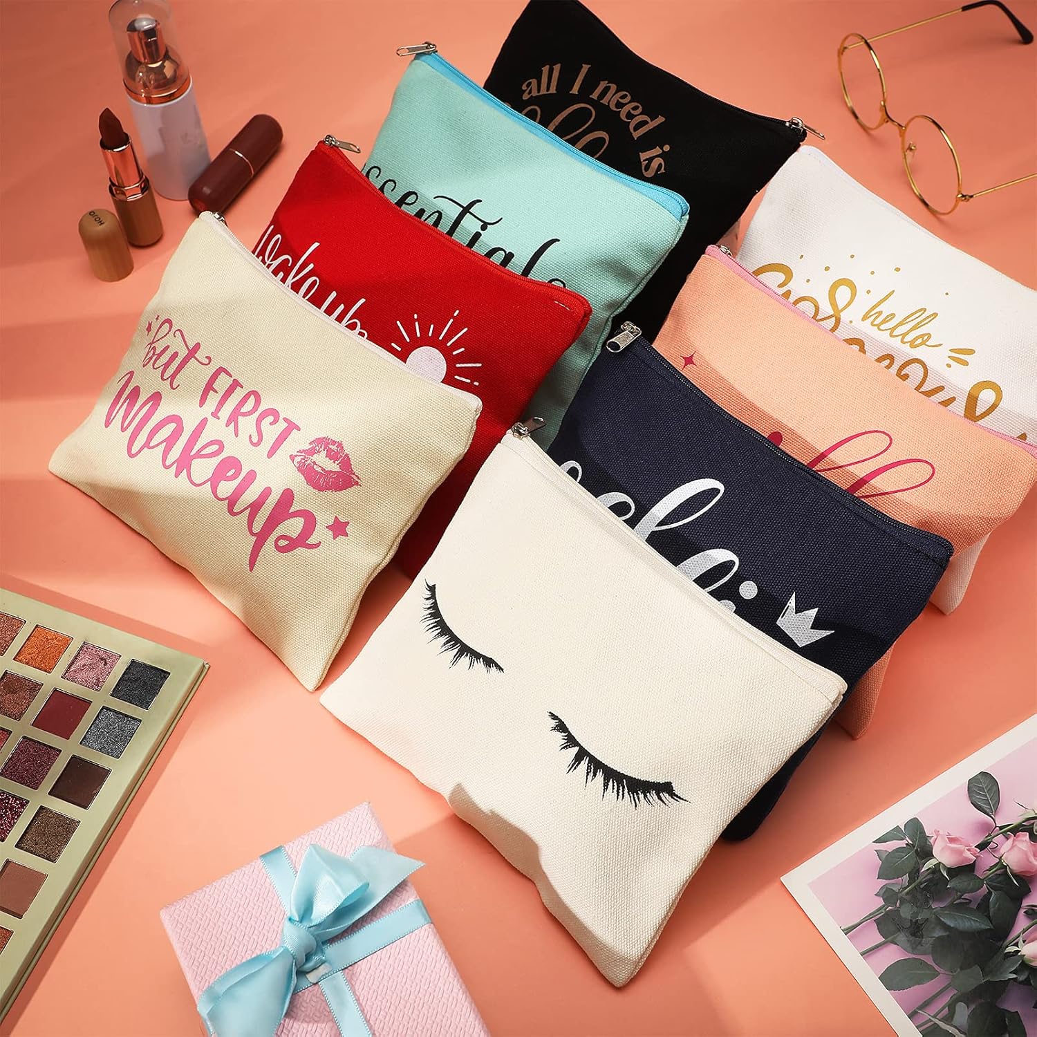 Weewooday 16 Packs Make up Bags Bulk Multicolor Funny Canvas Makeup Bags Travel Cosmetic Inspirational Pouch with Zippers Cotton Toiletry Pouches for Women(Glitter Pattern) - Image 2