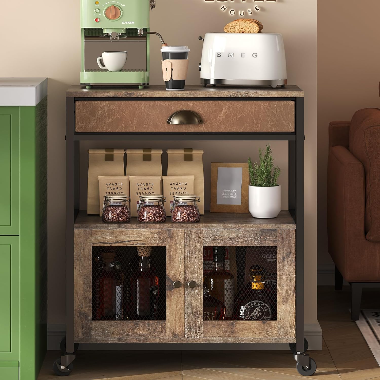 X-cosrack Coffee Bar Cabinet,3 Tiers Kitchen Coffee Cart with Drawer for The Home, Movable Farmhouse Ktichen Station Table on Wheels for Living Room, Entryway, Dining Room, Kitchen