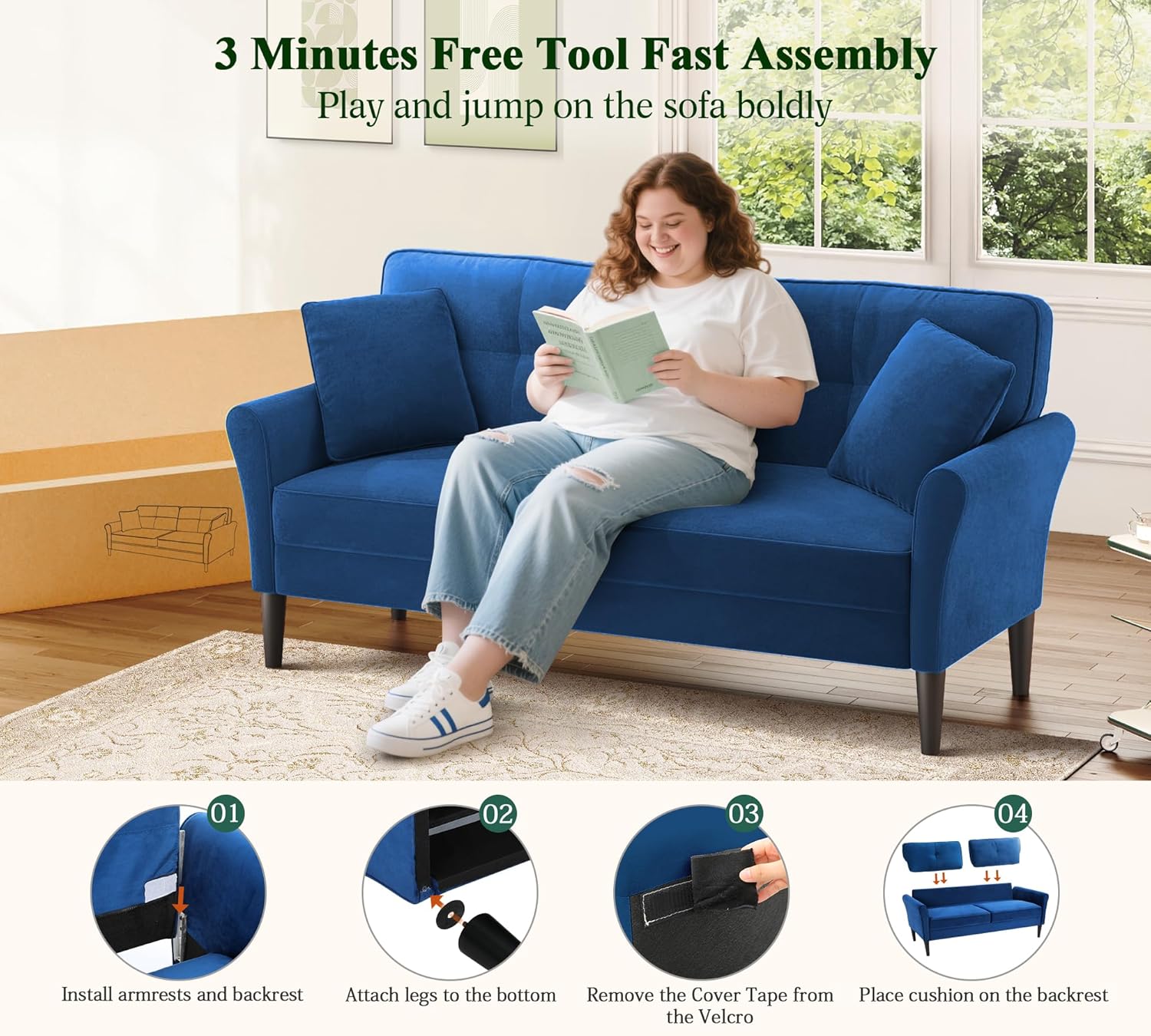 69" Loveseat Sofa, Velvet Small Couches for Small Spaces, Love Seat Couches with 2 Pillows, Tool-Free Setup Loveseats, 700lb Load Sofas for Living Room, Mini Couch for Bedroom, Comfy Sofa Couch, Blue - Image 4