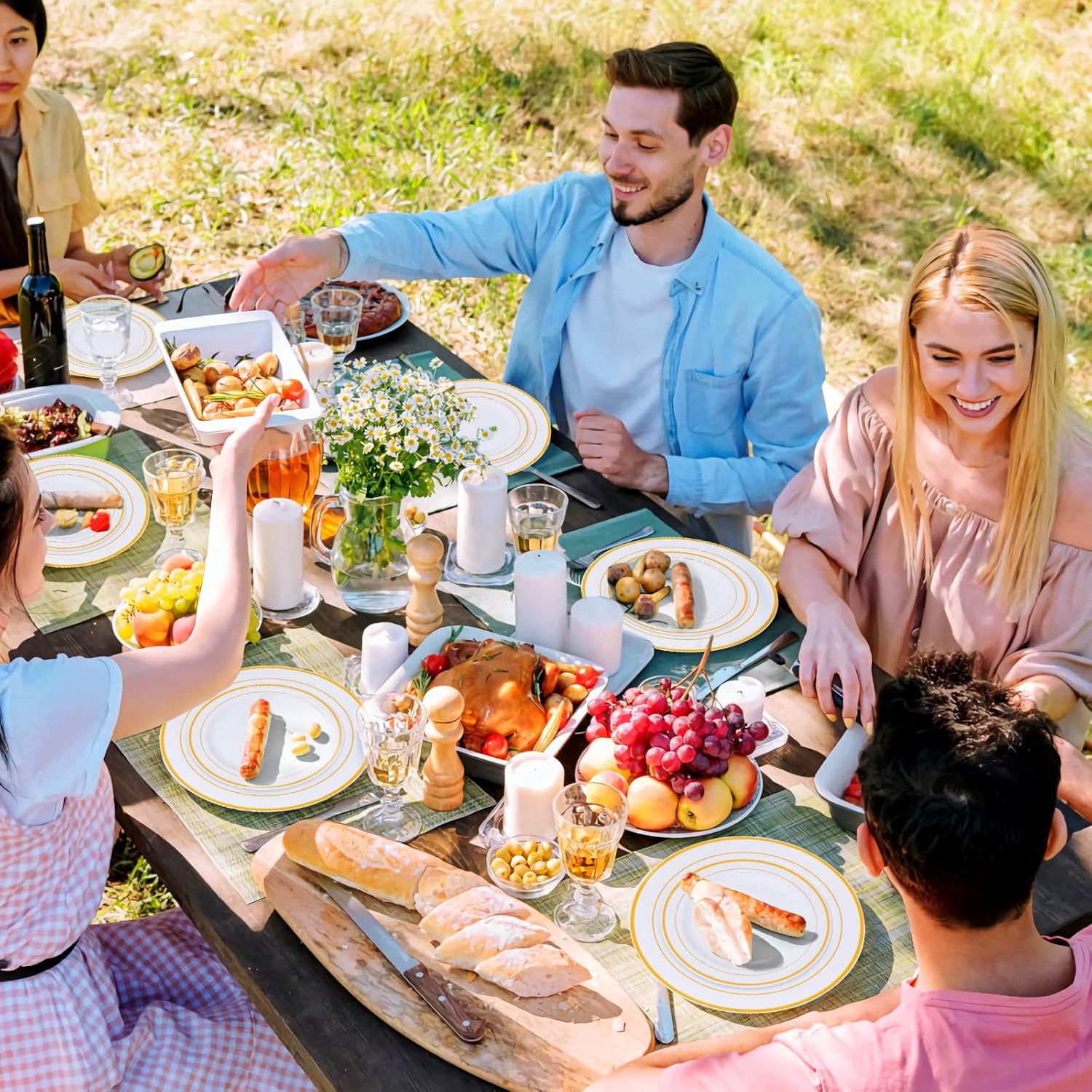 M MCIRCO 175 Piece Gold Dinnerware Set - 50 Plastic Plates, 25 Cups, 25 Pre Rolled Napkins with Plastic Silverware, Disposable Gold Dinnerware Set for 25 Guest - Image 7