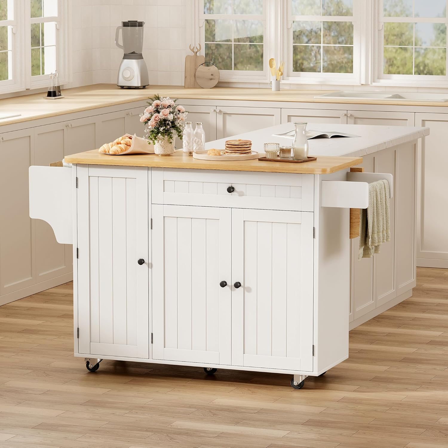 Kitchen Island with Storage, 41.7" Width Rolling Cart with Drawer, Rolling Kitchen Island on Wheels with Drop Leaf, Towel Rack, and Drawer, White, 41.7" L x 29.5" W - Image 9