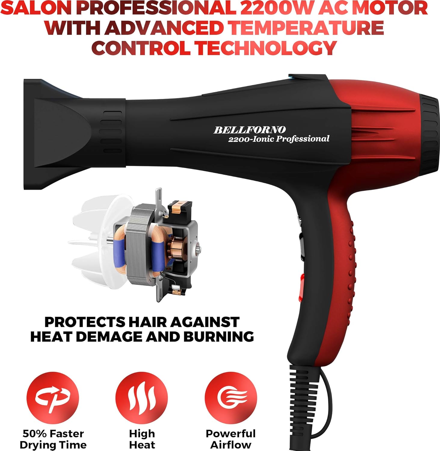 Professional Ionic Salon Hair Dryer, 2200 Watt Powerful AC Motor Ceramic Tourmaline Ion Blow Dryer, Quiet Hair Dryers with Diffuser & 2 Concentrator Nozzle Attachments Black/Red - Image 9