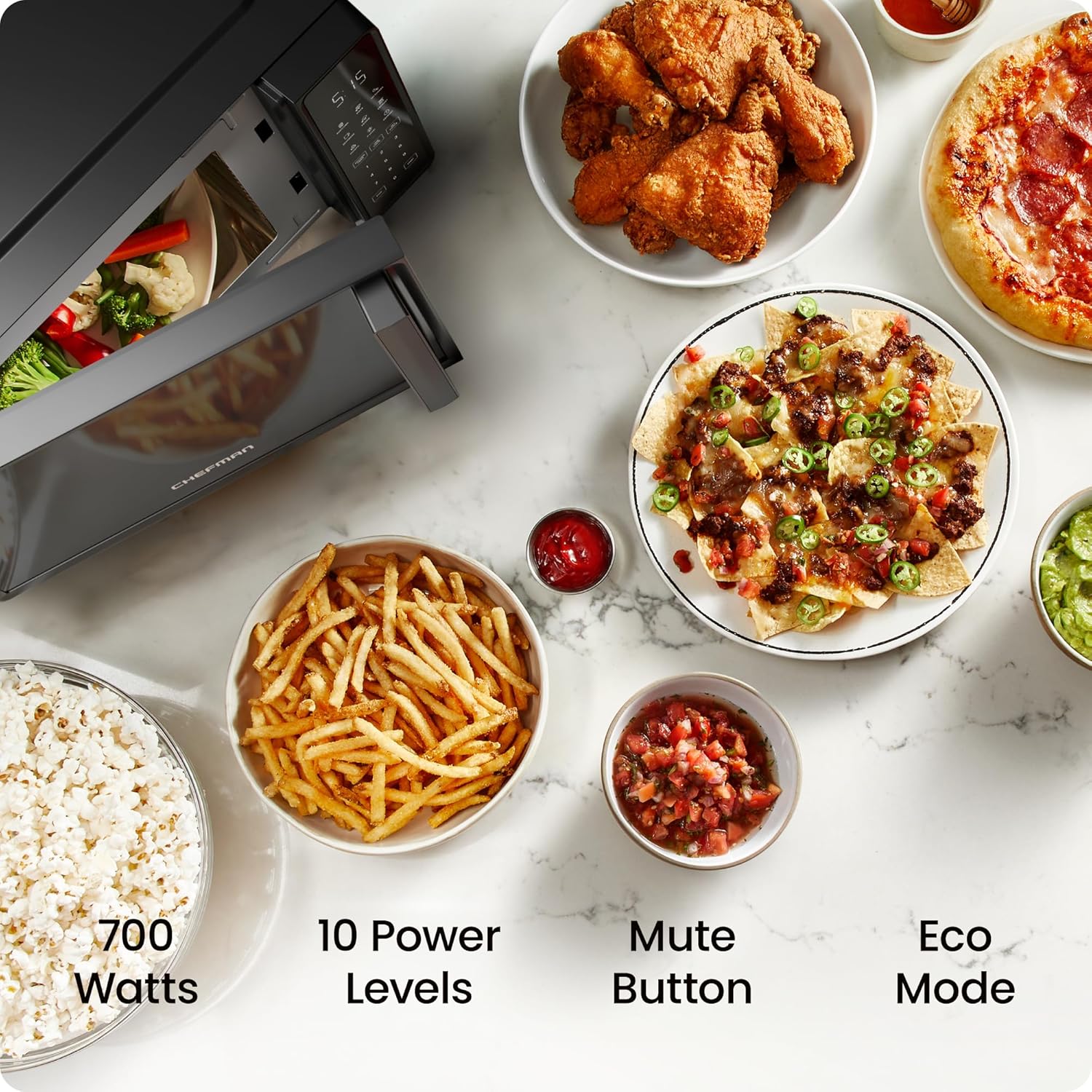 Chefman Countertop Microwave Oven 0.7 Cu. Ft., 700 Watts with 10 Power Levels, 6 Cooking Presets with One-Touch Express Cook, Eco Mode, Child Safety Lock, & Mute Button - Black - Image 2