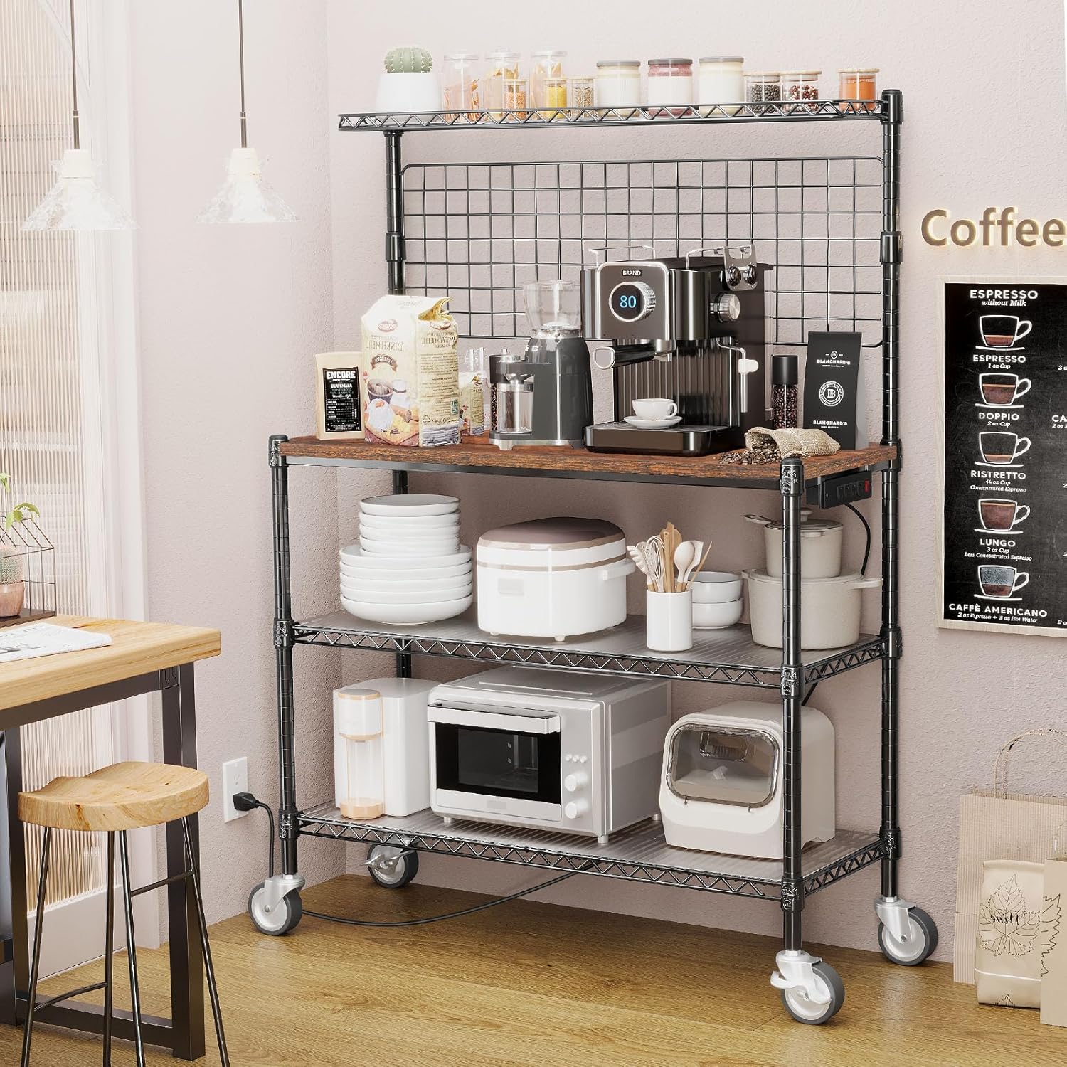 Leteuke Bakers Rack with Power Outlet & Storage, 36 Inch Microwave Stand Kitchen Cart, 4-Tier Metal Kitchen Shelves Cart with Wheels & 20 S-Hooks for Kitchen, NSF Certified, 63 x 18 x 36 Inch-Black - Image 5