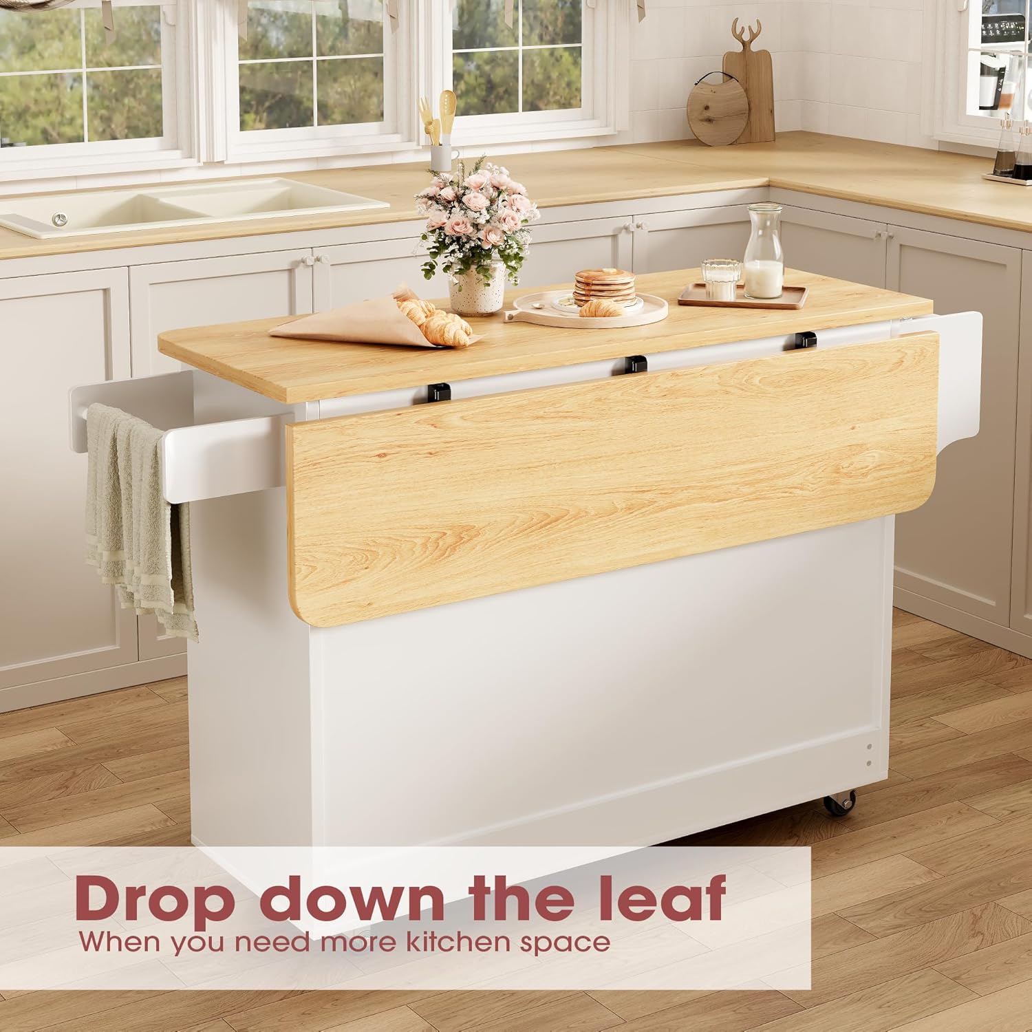 Kitchen Island with Storage, 41.7" Width Rolling Cart with Drawer, Rolling Kitchen Island on Wheels with Drop Leaf, Towel Rack, and Drawer, White, 41.7" L x 29.5" W - Image 5