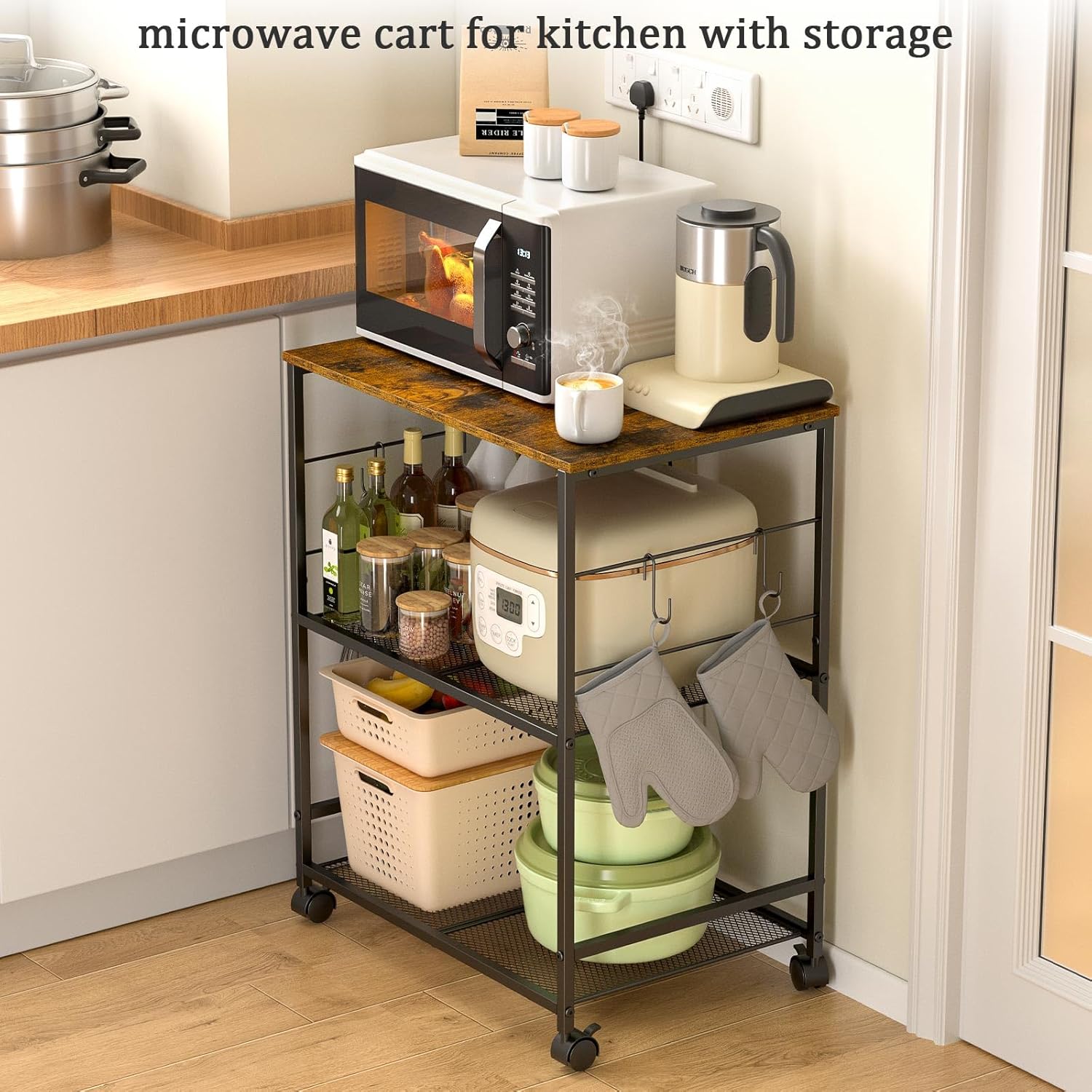 Rolling Kitchen Microwave Cart, 3 Tier Microwave Table Stand with Storage, Kitchen Utility Cart on Lockable Wheels, Small Coffee Cart Shelf Rack Organizer for Living Room Office, Balcony - Image 5