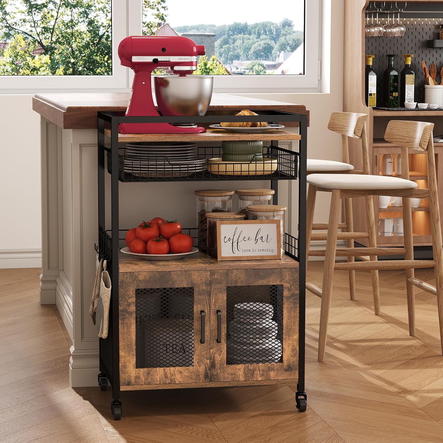 Coffee Bar Cabinet, 3 Tier Coffee Station Table on Wheels, 35.9" H Bar Cart with Wire Basket Drawer & 5 Hooks for Home Kitchen, Liquor Buffet Sideboard Cabinet (Rustic Brown) - Image 7