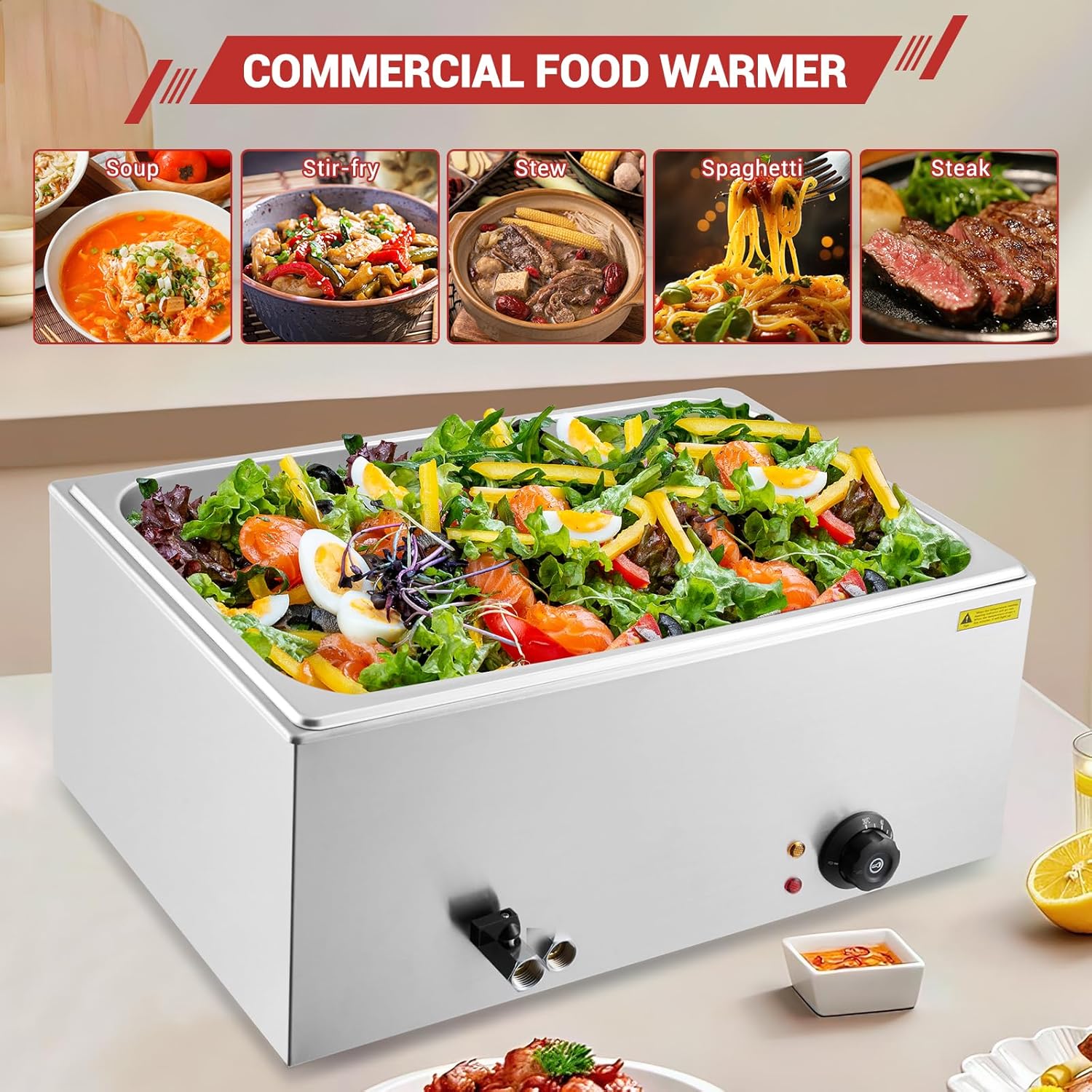 21QT 1 Pan Electric Commercial Food Warmer, 200W Stainless Steel Bain Marie Buffet Steam Table with Lid and Ladle, for Catering Restaurant, Silver - Image 2