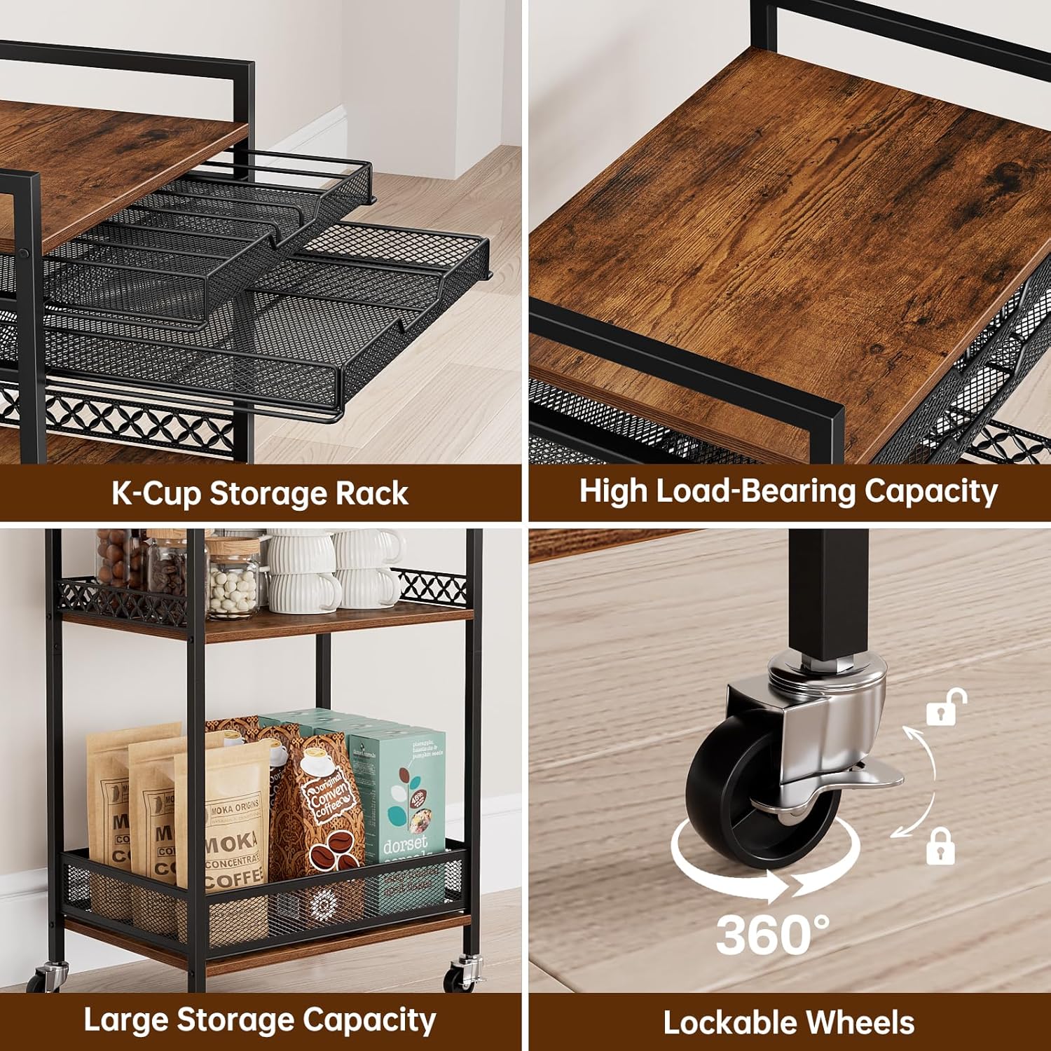 K Cup Holder Cart, Coffee Station Organizer for Nespresso Vertuo Capsule and K Cup Capsule, Multi-Functional Coffee Bar Cart Accessories Organizer with Wheels for Living Room, Kitchen - Image 6