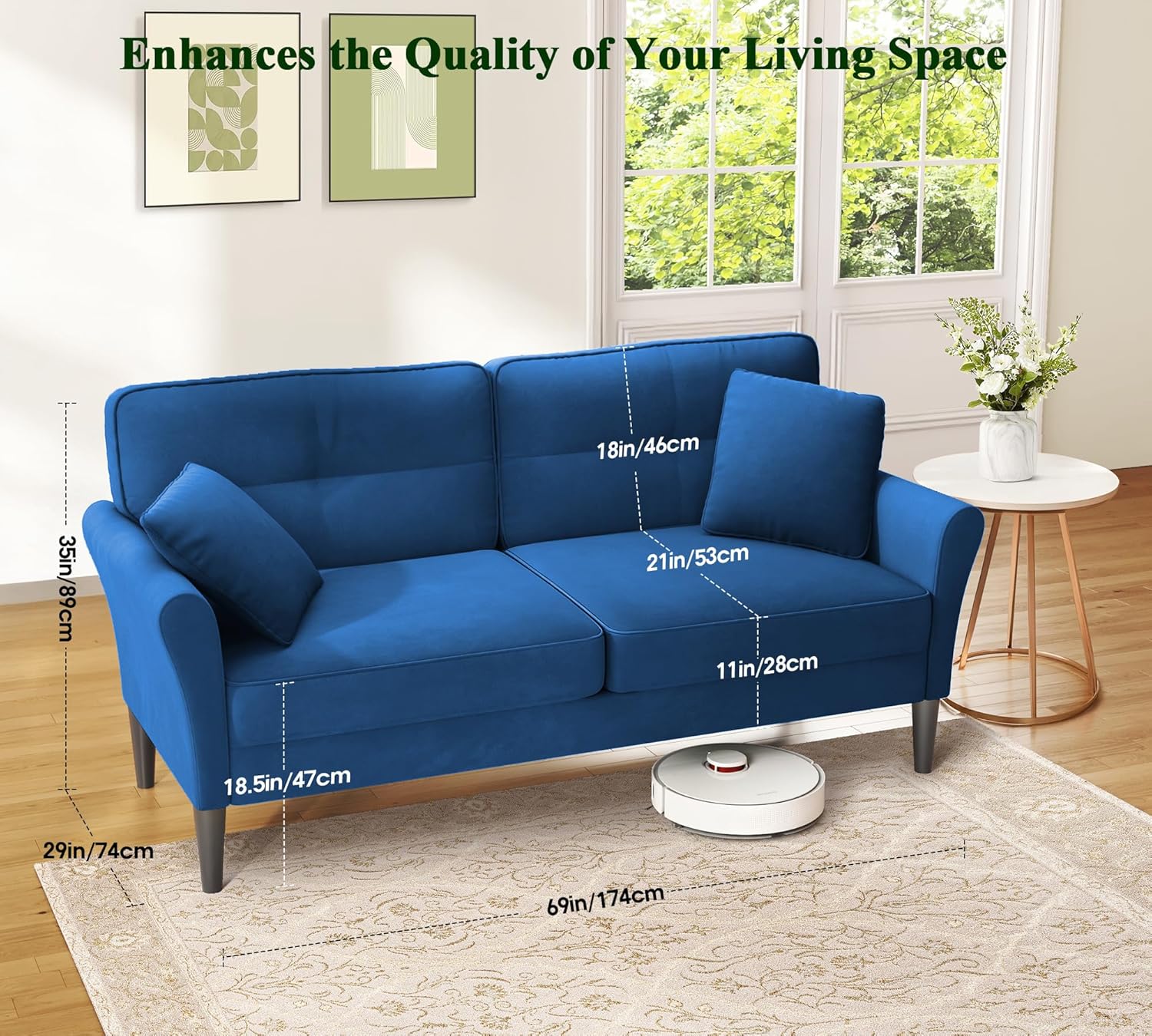 69" Loveseat Sofa, Velvet Small Couches for Small Spaces, Love Seat Couches with 2 Pillows, Tool-Free Setup Loveseats, 700lb Load Sofas for Living Room, Mini Couch for Bedroom, Comfy Sofa Couch, Blue - Image 7