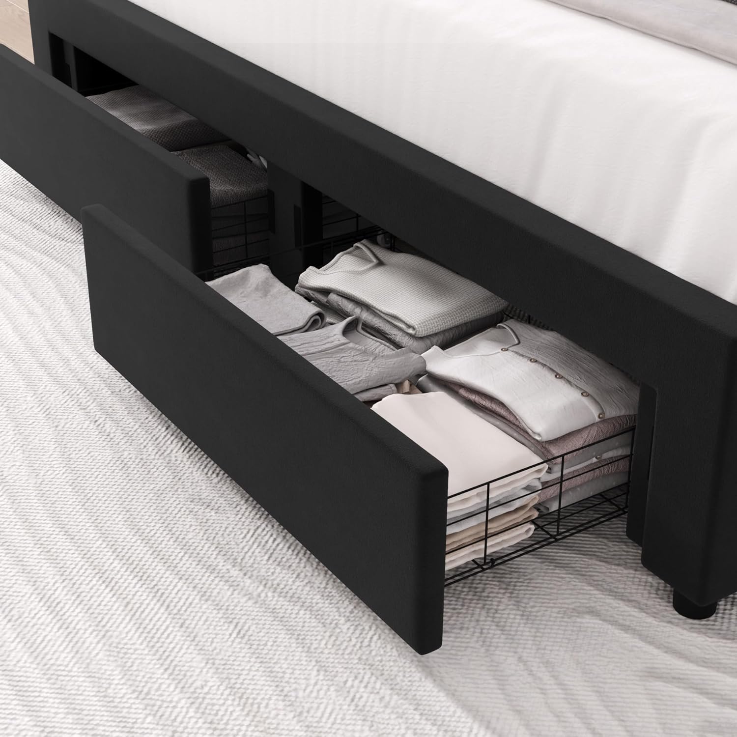 HITHOS Queen Upholstered LED Bed Frame with 2 Storage Drawers, Velvet Platform Bed with Wingback Headboard, Solid Wooden Slats Support, No Box Spring Needed, Headboard Splicing Design, Black - Image 7