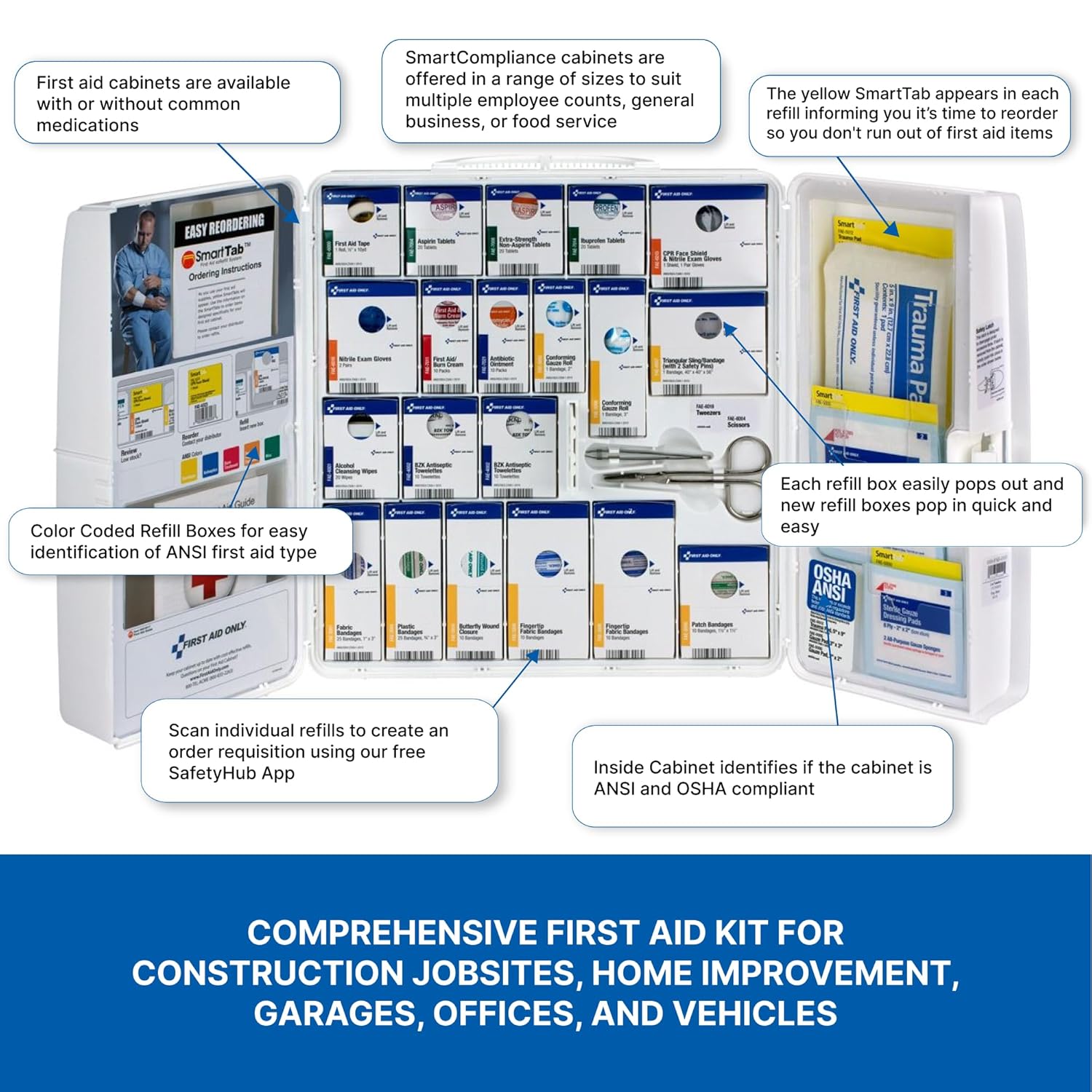 First Aid Only 1000-FAE-0103 SmartCompliance 50-Person OSHA Compliant First Aid Kit for Business, Large Plastic First Aid Cabinet with Medications, 245 Pieces - Image 4