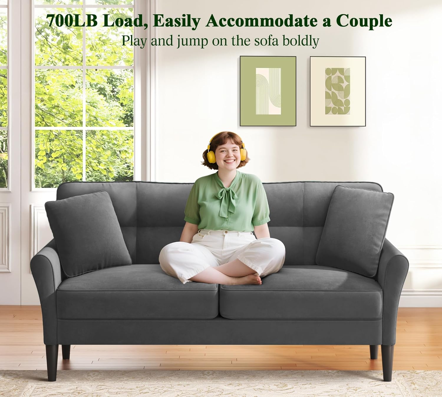69" Loveseat Sofa, Velvet Small Couches for Small Spaces, Love Seat Couches with 2 Pillows, Tool-Free Setup Loveseats, 700lb Load Sofas for Living Room, Mini Couch for Bedroom, Comfy Sofa Couch, Grey - Image 3