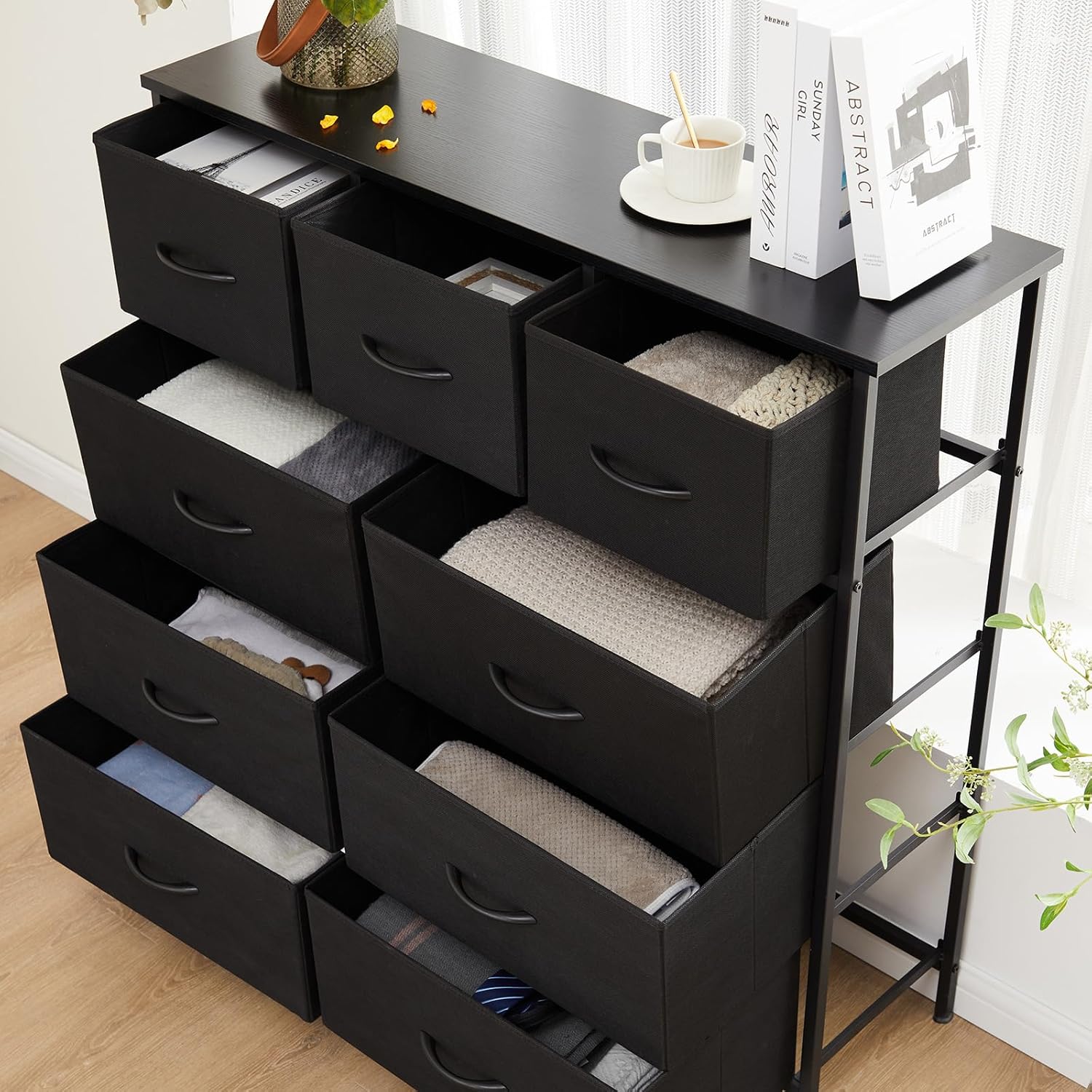 Dresser for Bedroom with 9 Drawers, Anti-Tip Tall Fabric Chests Storage Organizer Tower Furniture with Wooden Top Metal Frame for Clothes, Closet, Living Room, Hallway, Entryway - Image 2