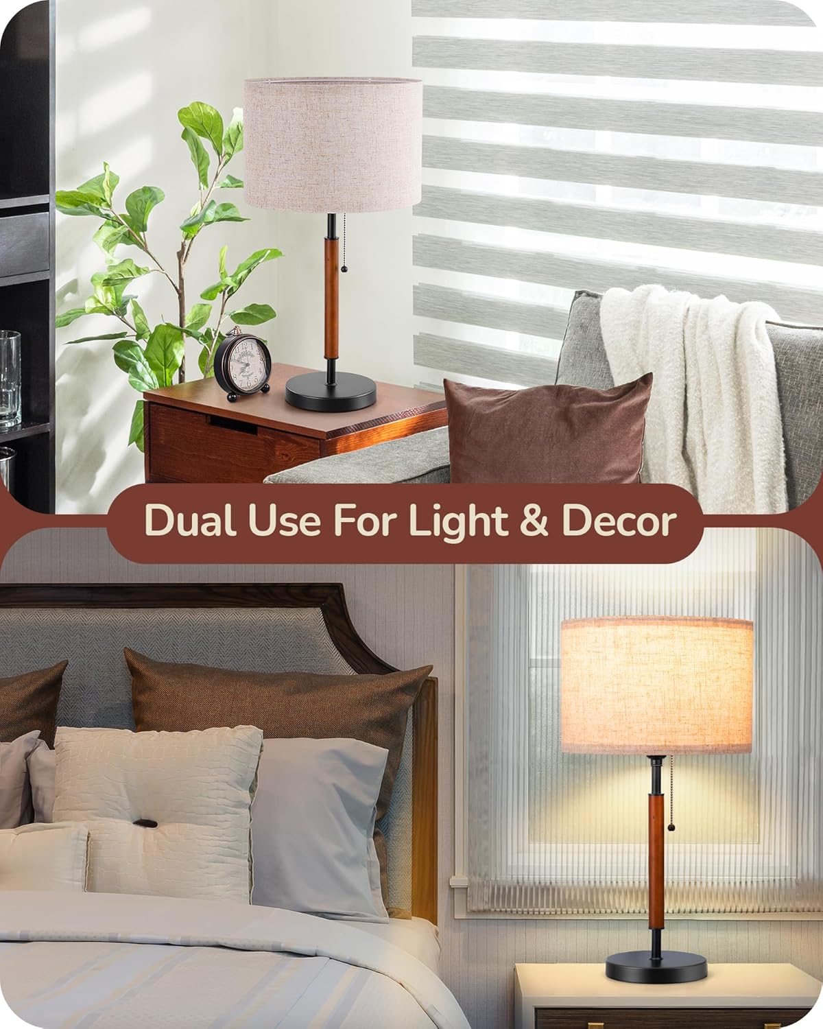 EDISHINE Mid Century Table Lamp, Pull Chain Switch Bedside Lamp with Linen Shade, Solid Wood Pole & Black Metal Base, Modern Nightstand Lamp for Bedroom, Living Room, Office, E26 Base - Image 2