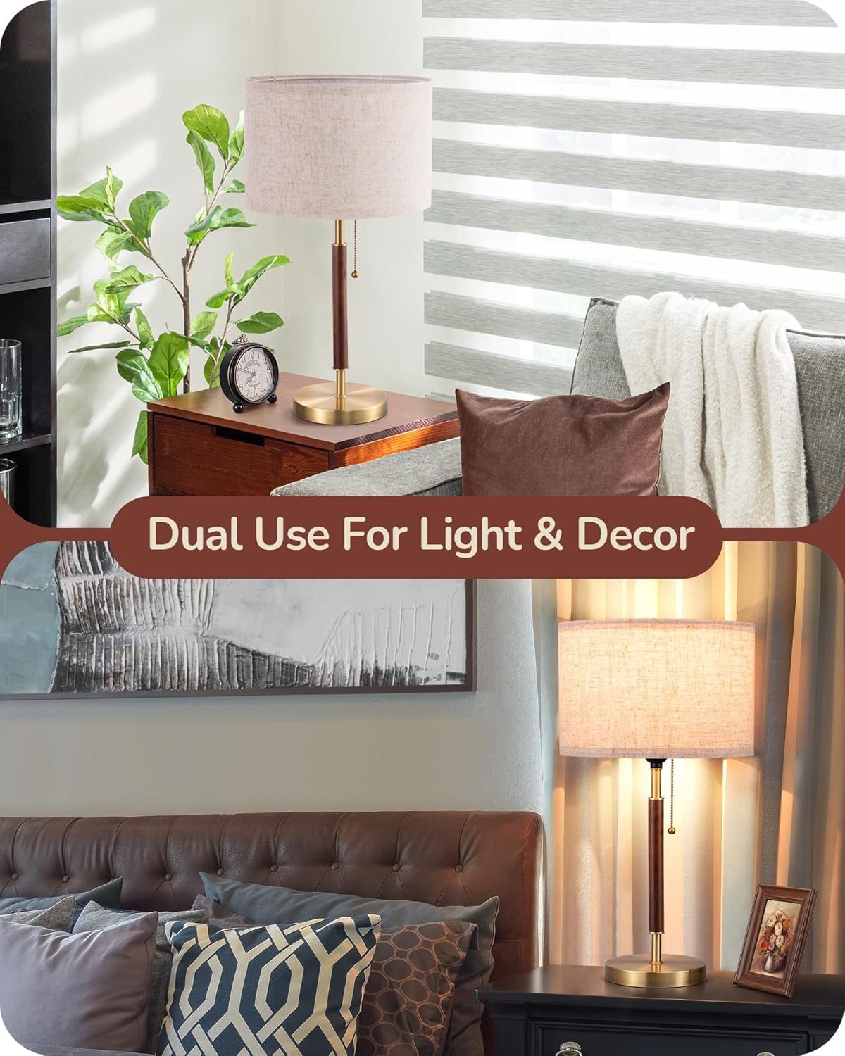 EDISHINE Mid Century Table Lamp, Bedside Lamp with Pull Chain Switch, Solid Wood & Metal Pole, Modern Nightstand Table Lamp for Living Room, Bedroom, Office, Frosted Bronze & Wood Finish - Image 2