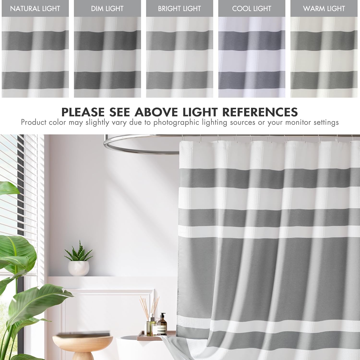 Madison Park Shower Curtain Waffle Weave Striped Pieced Design Fabric Shower Curtains for Bathroom with 3M Scotchgard Moisture Management Premium Spa Quality Modern Standard 72"x72" Grey - Image 4