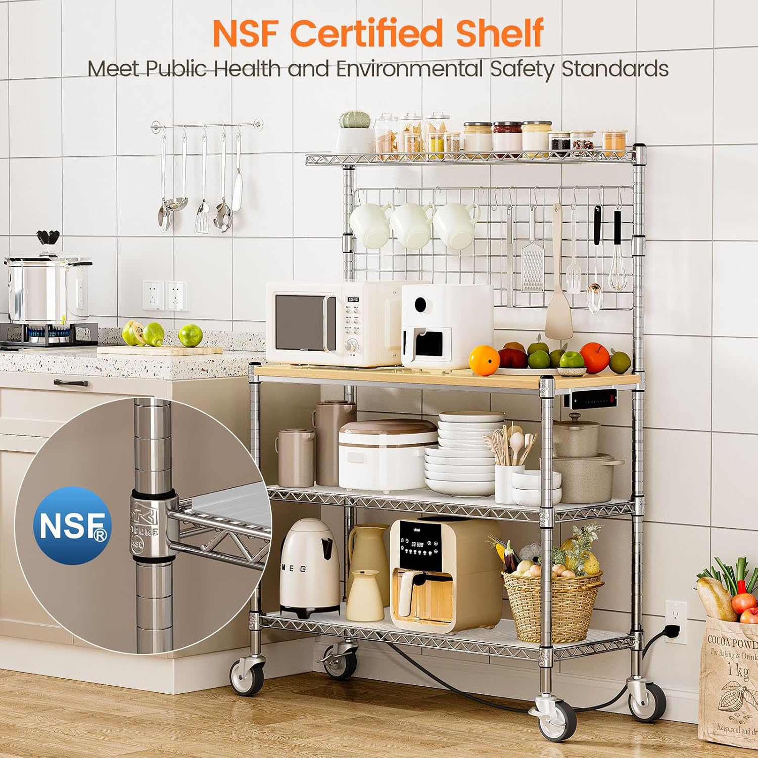 Leteuke Bakers Rack with Power Outlet & Storage, 36 Inch Microwave Stand Kitchen Cart, 4-Tier Metal Kitchen Shelves Cart with Wheels & 20 S-Hooks for Kitchen, NSF Certified, 63 x 18 x 36 Inch-Chrome - Image 8