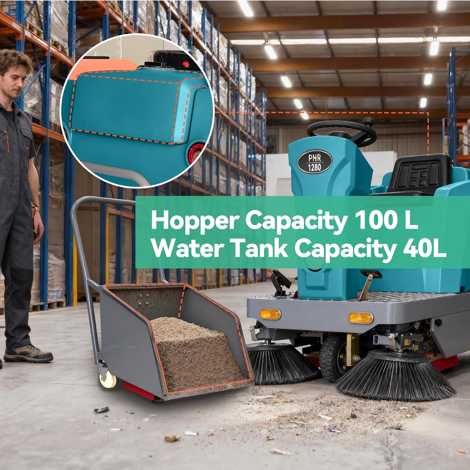 Ride-on Floor Sweeper Machine 92,600 Sq ft/h Efficiency 26.5 Gal Dustbin, 51" Brush Width Industrial Cleaning Machine,800W Brushless Motor, Blue - Image 5