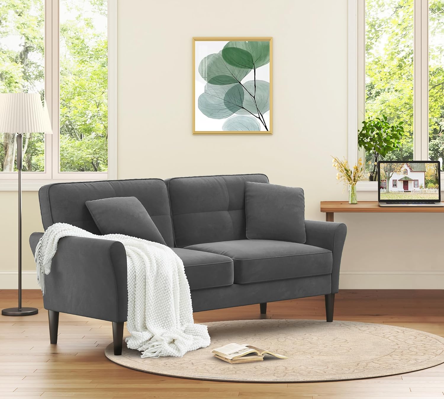 69" Loveseat Sofa, Velvet Small Couches for Small Spaces, Love Seat Couches with 2 Pillows, Tool-Free Setup Loveseats, 700lb Load Sofas for Living Room, Mini Couch for Bedroom, Comfy Sofa Couch, Grey - Image 9