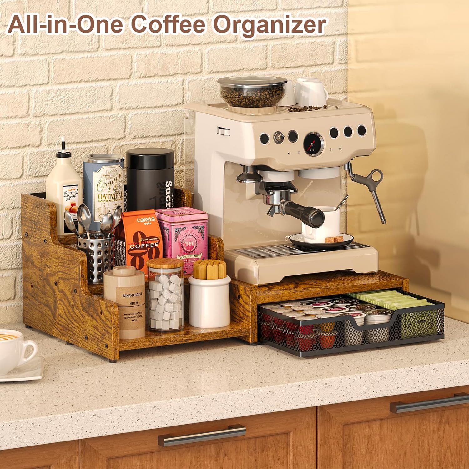 Coffee Station Organizer with K Cup Holder, 28 Pod Capacity,3-Tier Syrup Rack with Coffee Pod Holder Drawer, Coffee Bar organizer Countertop for Accessories,Rustic Brown - Image 2