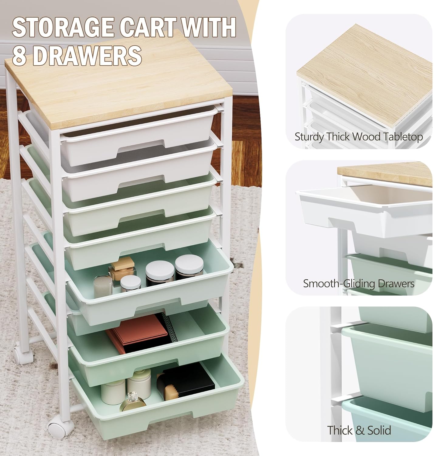 Rolling Cart with 8 Drawers, Storage Drawers Cart with Wooden Tabletop and Lockable Wheels, Craft Storage for Living Room, Office, Classroom, Craft Room, Bedroom - Image 5