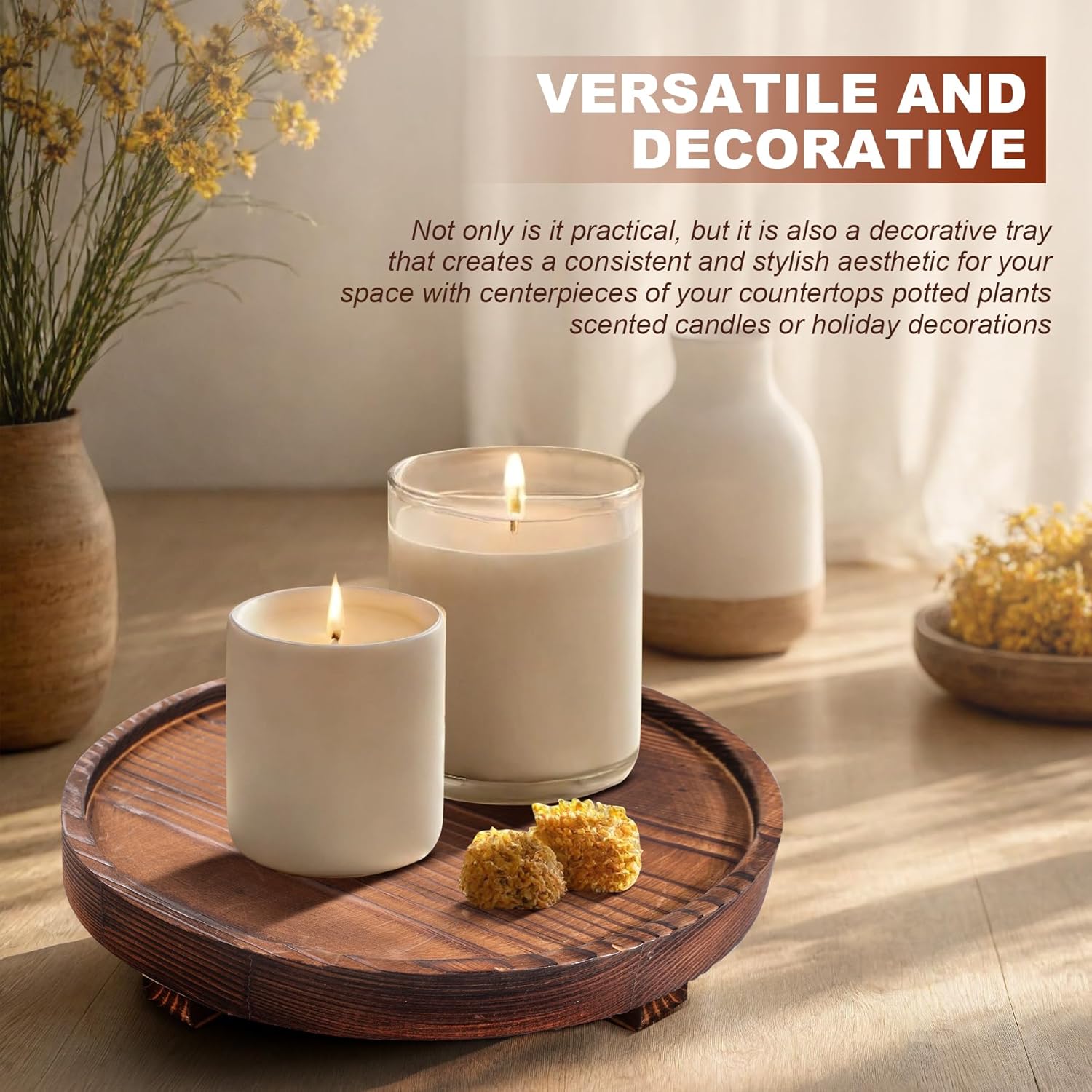 Round Wooden Decorative Tray - Rustic Wood Soap Tray for Kitchen and Bathroom Counter Organizer, Farmhouse Kitchen Decor Wooden Riser for Soap Dish, Perfume, Candle, Potted - Image 6