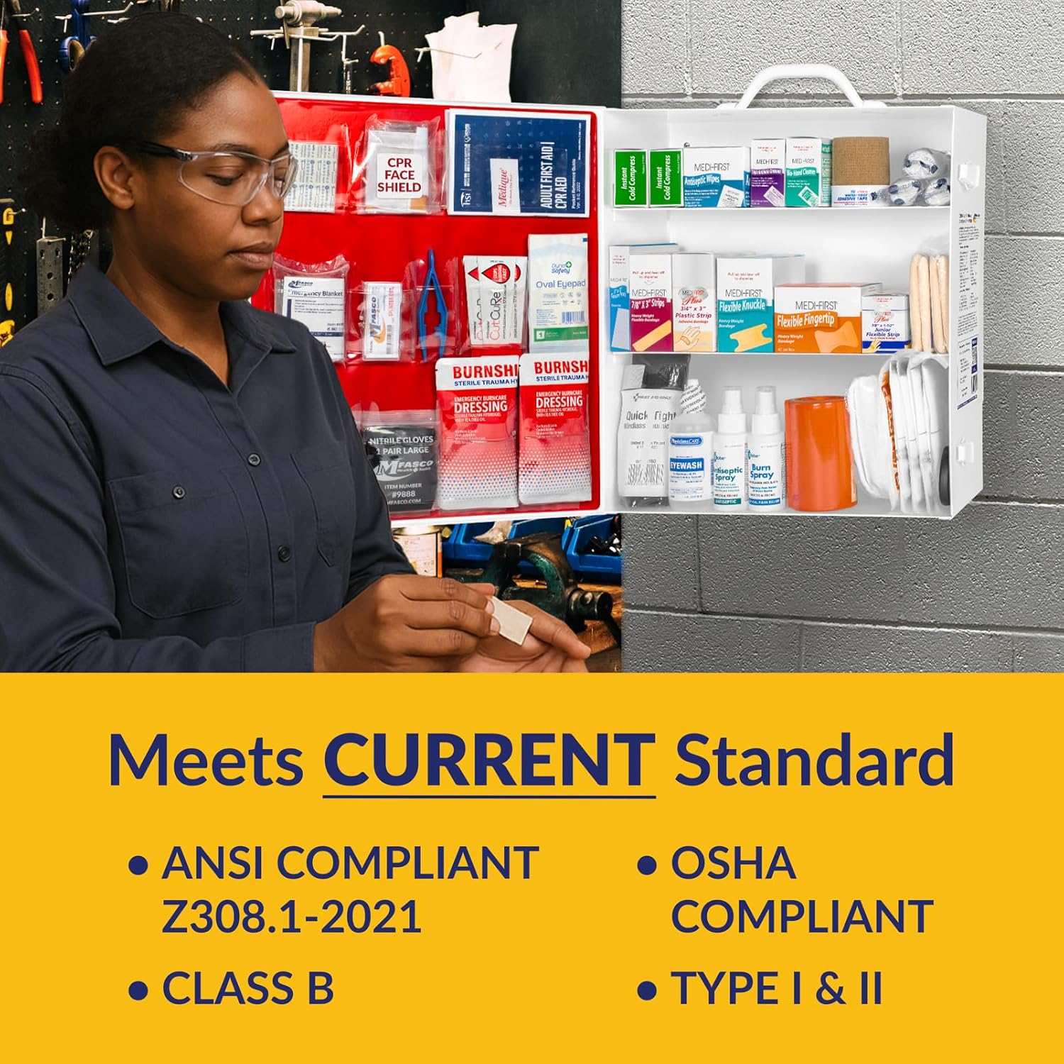 MFASCO OSHA/ANSI 2021 Class B Compliant First Aid Cabinet - Large 3-Shelf Wall Mount Kit for Office, Commercial Businesses - Complete Metal First Aid Box with Supplies - No Medications - Image 4