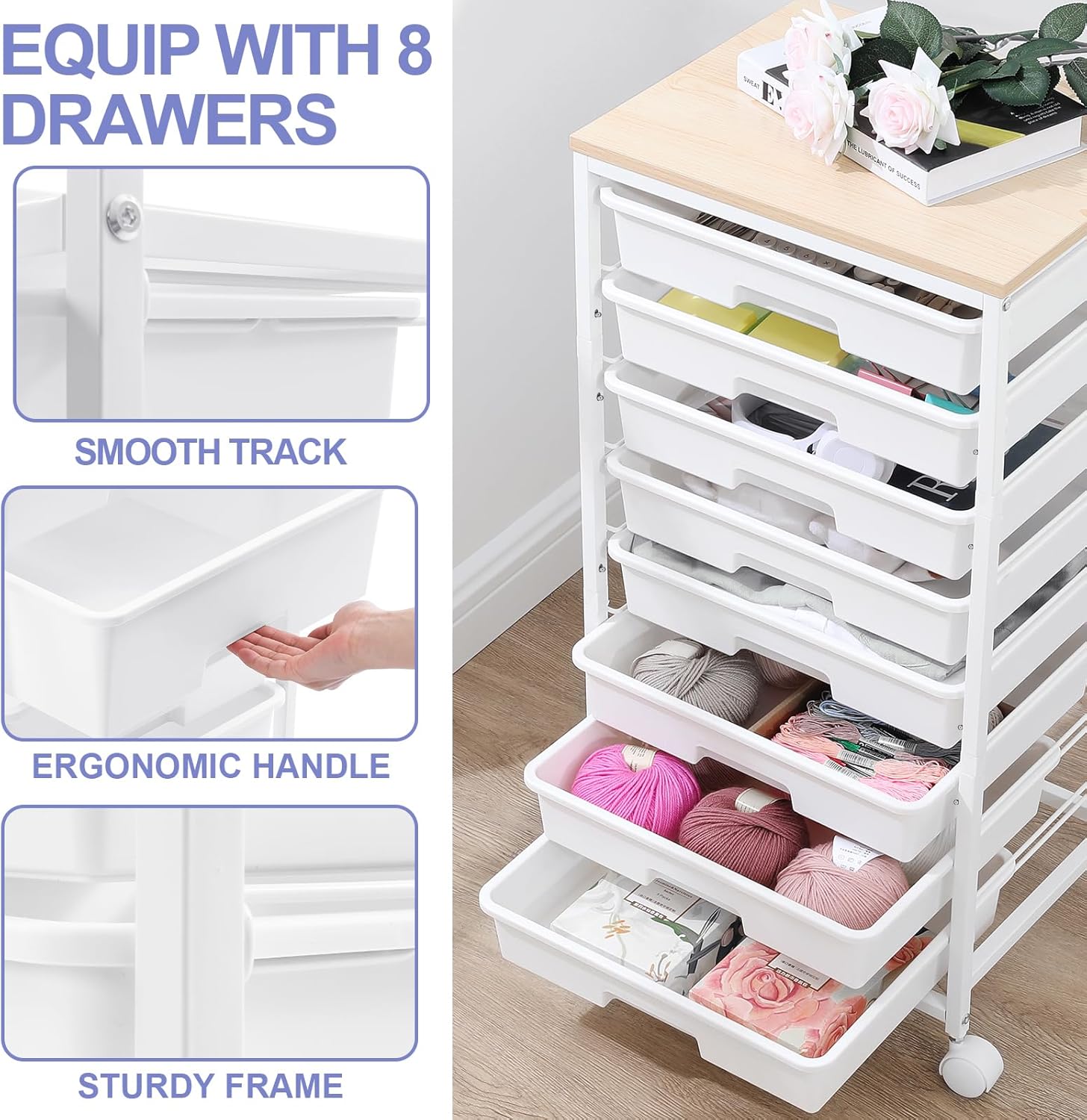 Rolling Storage Cart with Drawers,Utility Cart With 8 Drawers and Wooden Tabletop,Rolling Drawer Cart,Storage Drawer Cart for Living Room,Classroom,Bedroom,Bathroom,Dorm,Office,White - Image 3