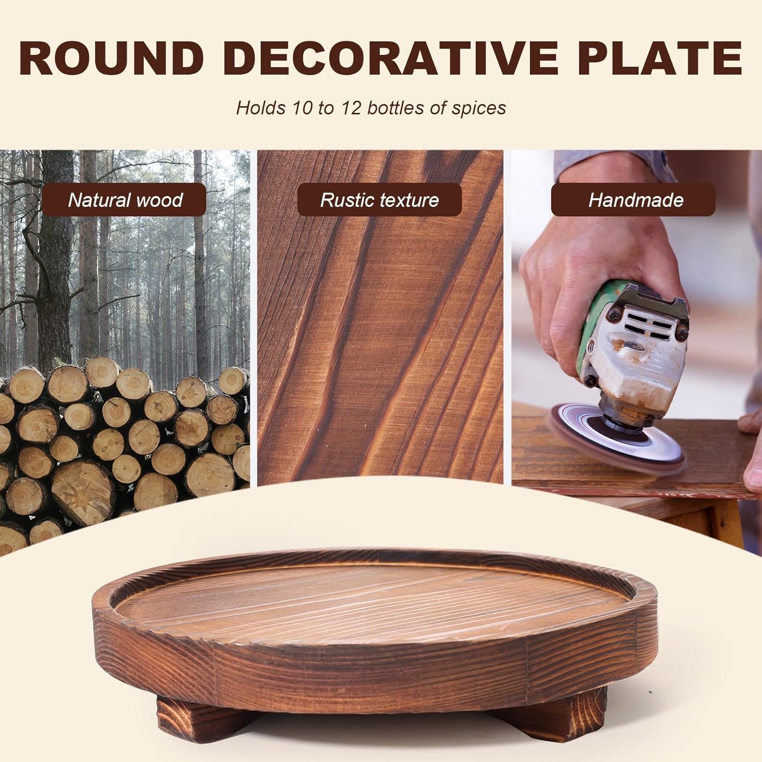 Round Wooden Decorative Tray - Rustic Wood Soap Tray for Kitchen and Bathroom Counter Organizer, Farmhouse Kitchen Decor Wooden Riser for Soap Dish, Perfume, Candle, Potted - Image 4