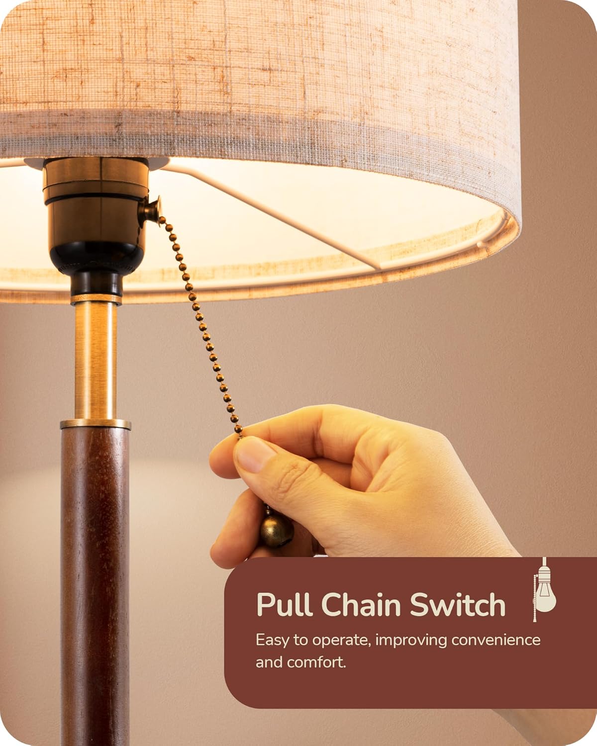 EDISHINE Mid Century Table Lamp, Bedside Lamp with Pull Chain Switch, Solid Wood & Metal Pole, Modern Nightstand Table Lamp for Living Room, Bedroom, Office, Frosted Bronze & Wood Finish - Image 3