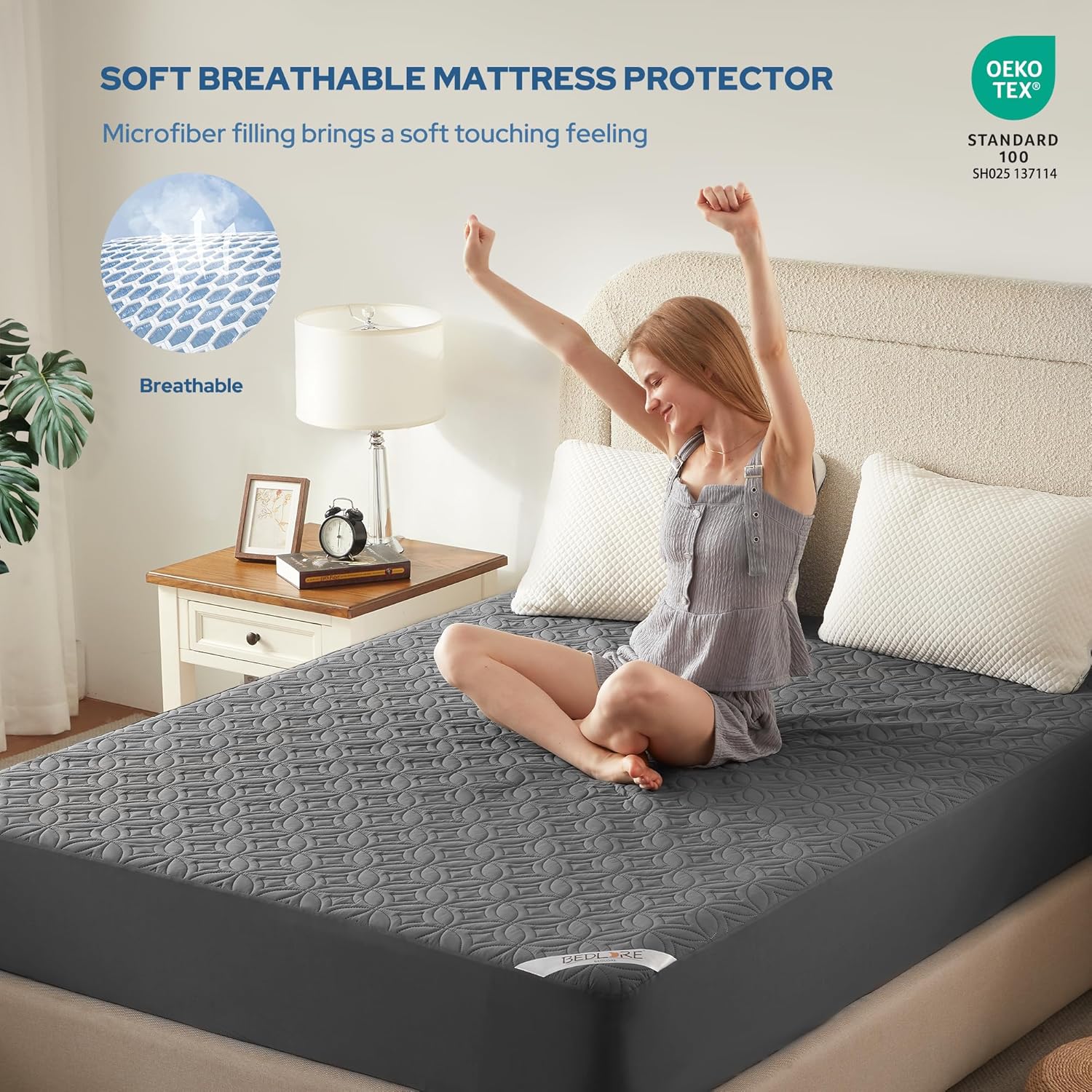 BEDLORE Waterproof Mattress Protector, Queen Size Mattress Pad Noiseless with Deep Pocket 6"-18" Depth, Soft Breathable Dirt-Proof Bed Mattress Cover Washable for Home, Bedroom, Hotel (Gray) - Image 3