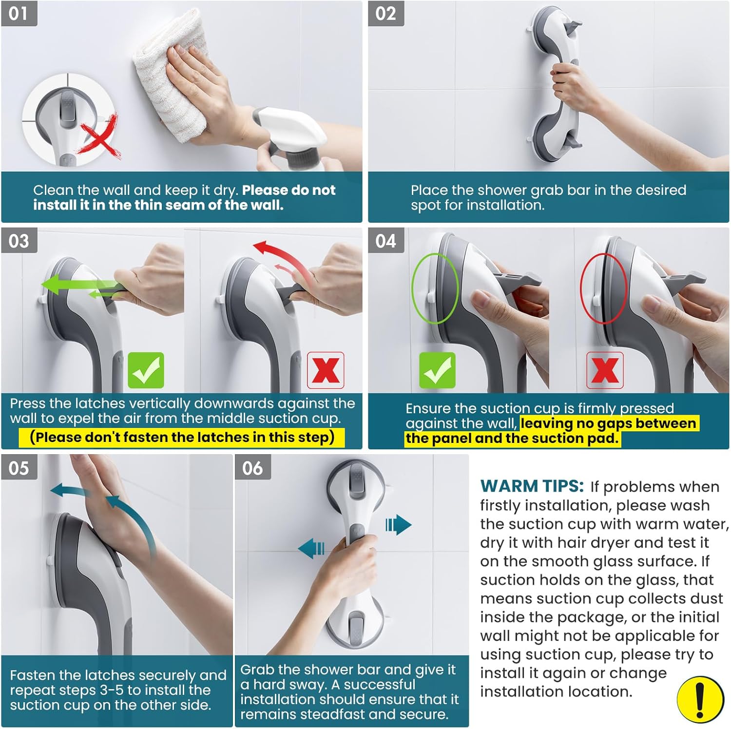 TAILI Shower Grab Bar, 2 Pack 12 Inch Suction Grab Bars for Bathtubs and Showers for Elderly, Shower Handle for Seniors Bathroom Safety Grip, No Drilling Removable,Grey - Image 2