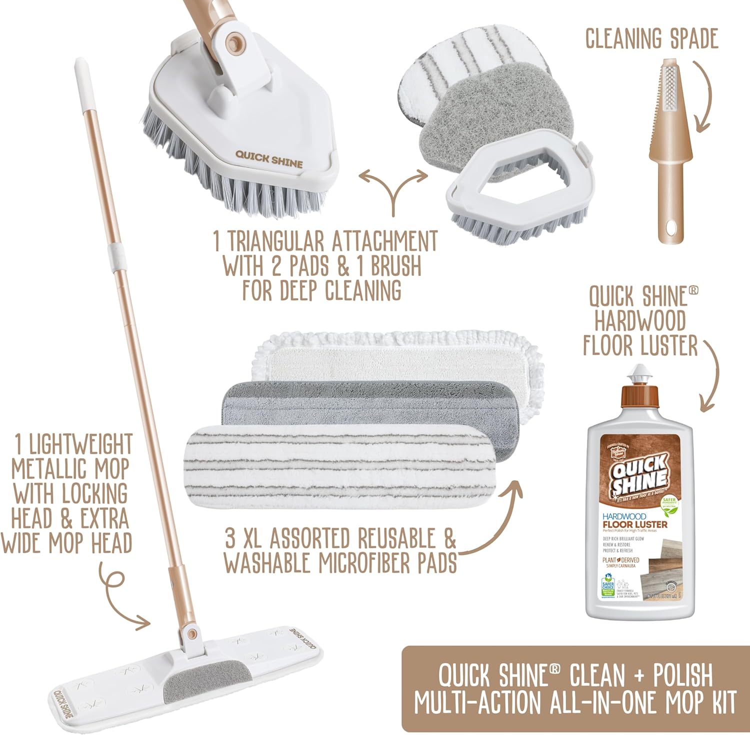 Quick Shine Ultimate Gold Clean + Polish Mop Kit | All-in-One 10 Pc Kit w/Interchangeable Attachments | Floor Polish Included | No Batteries Needed | Pro Cleaning for Hardwood Floors | 2-in-1 Mop - Image 2