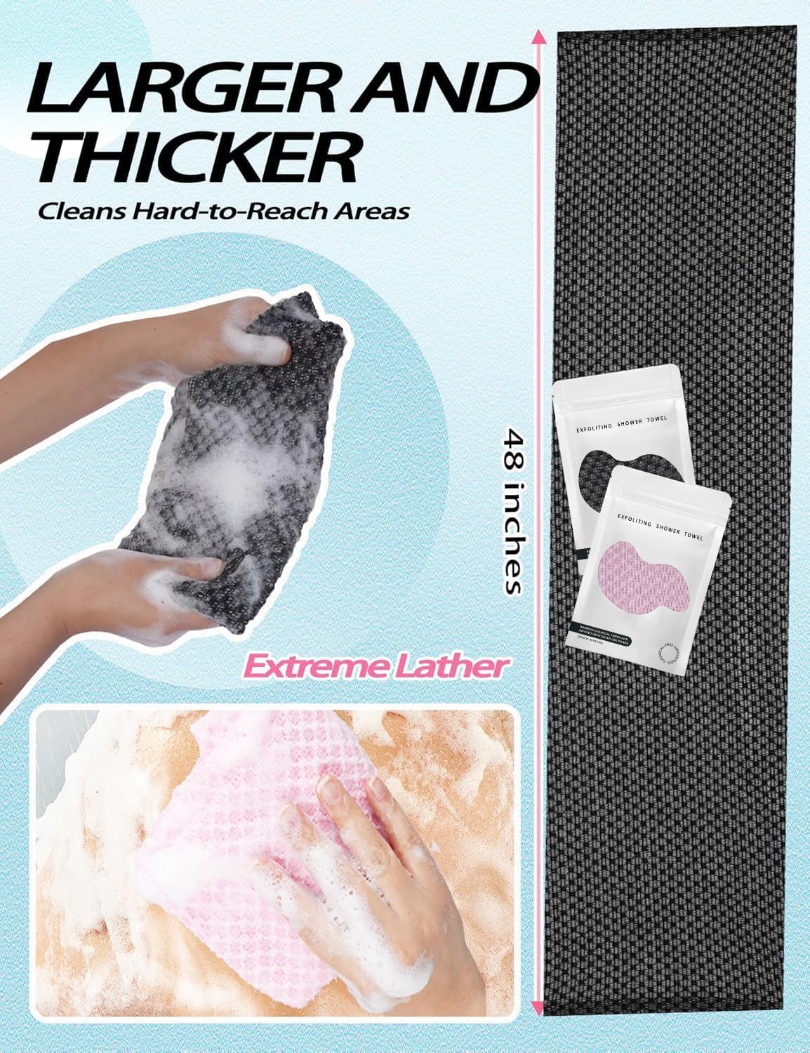 BLISALI Exfoliating Shower Towel 48",Premium Scrub Wash Cloth for Body Face, Exfoliating Washcloth for Men and Woman (Black1) - Image 7
