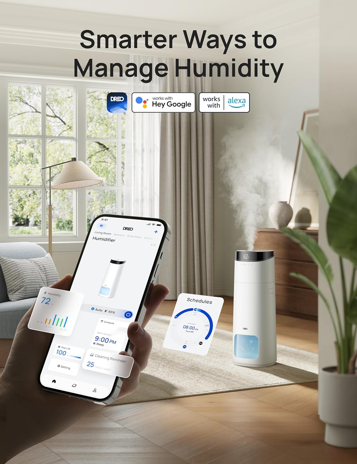DREO 16L Smart Humidifier Large Room 1000 ft², 130H Cool Mist Air Humidifiers for Bedroom Plants Baby, Top Fill, Remote/Touch/Voice & APP Control, Clean Tank Technology, 30dB, RGB Light, HM755S White - Image 5