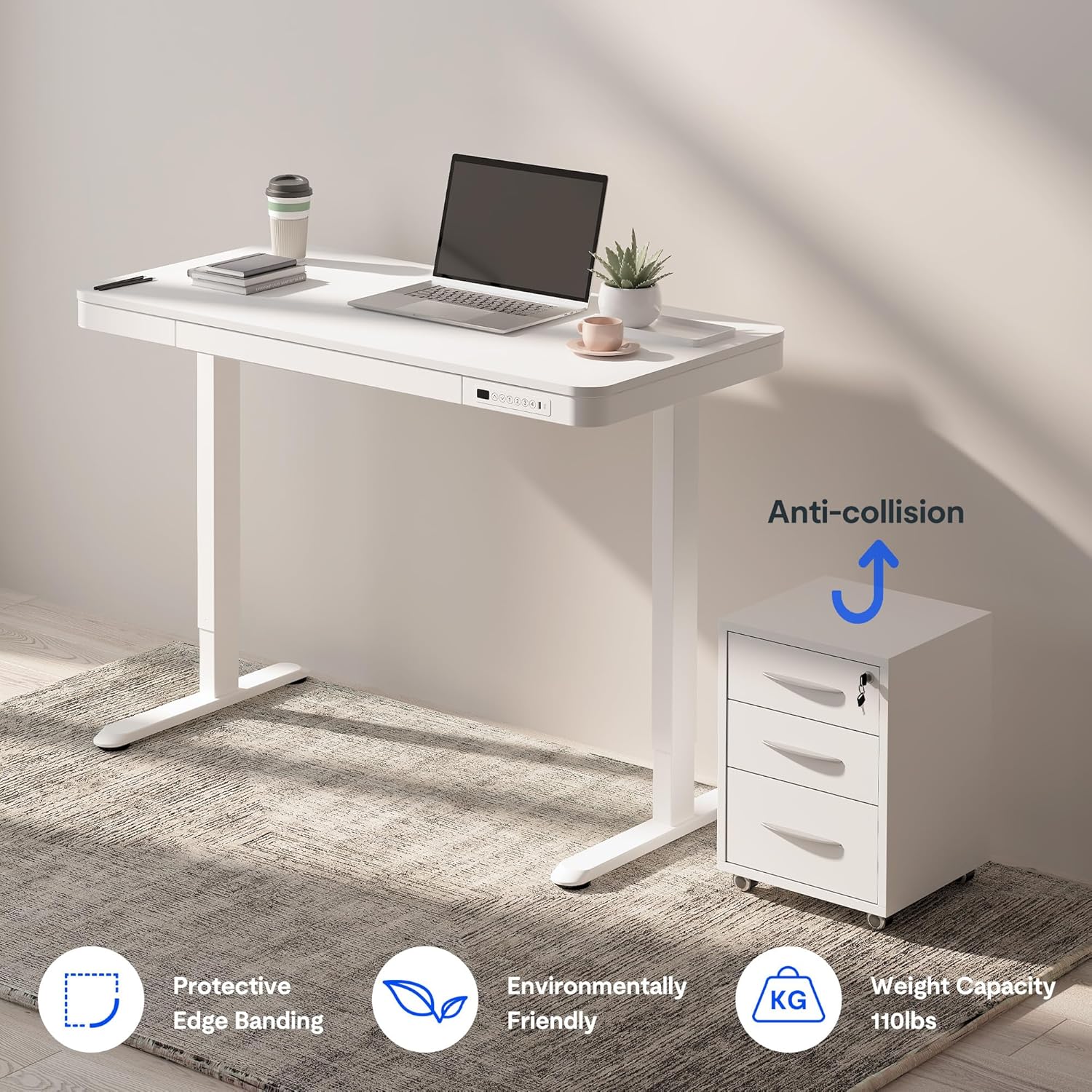 FLEXISPOT Comhar Electric Standing Desk with Drawers Charging USB A to C Port, Height Adjustable 48" Whole-Piece Home Office Computer Laptop Table with Storage (White Top + Frame) - Image 8