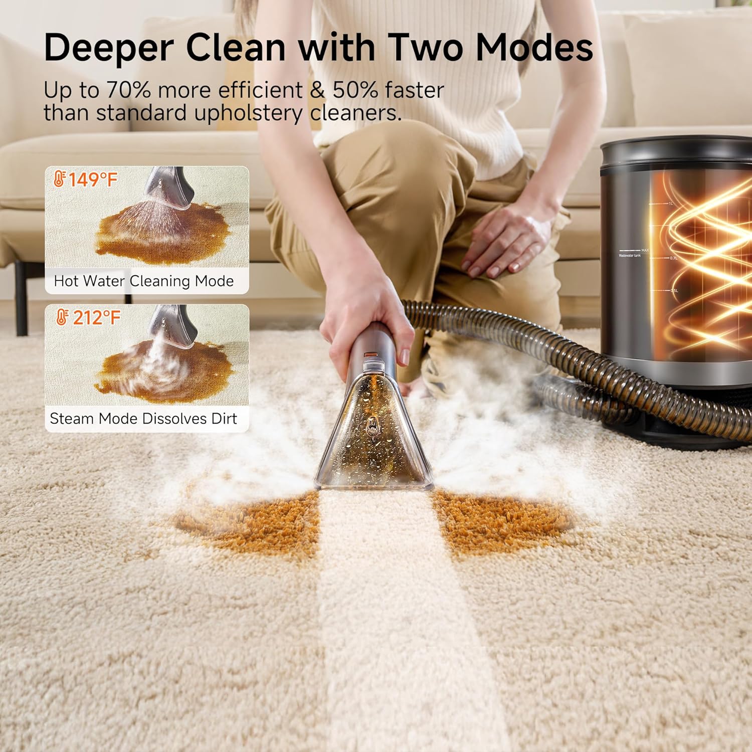 uwant Portable Carpet Cleaner with Steam& Hot Water 18Kpa Upholstery Cleaner Machine for Pets with Cleaning Tools& Solution Carpet Steam Cleaner for Cars,Couch,Furniture - Image 2