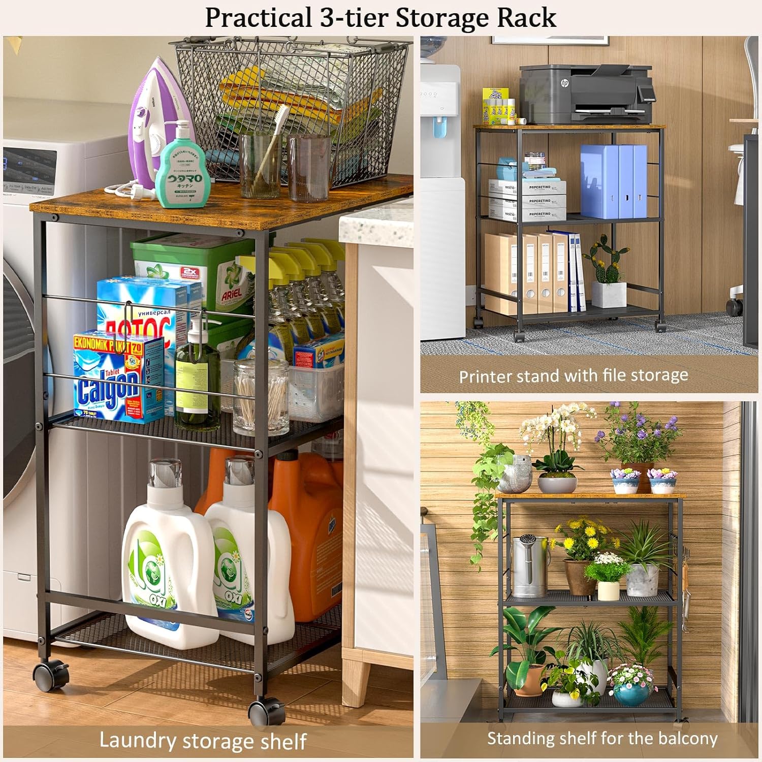Rolling Kitchen Microwave Cart, 3 Tier Microwave Table Stand with Storage, Kitchen Utility Cart on Lockable Wheels, Small Coffee Cart Shelf Rack Organizer for Living Room Office, Balcony - Image 4