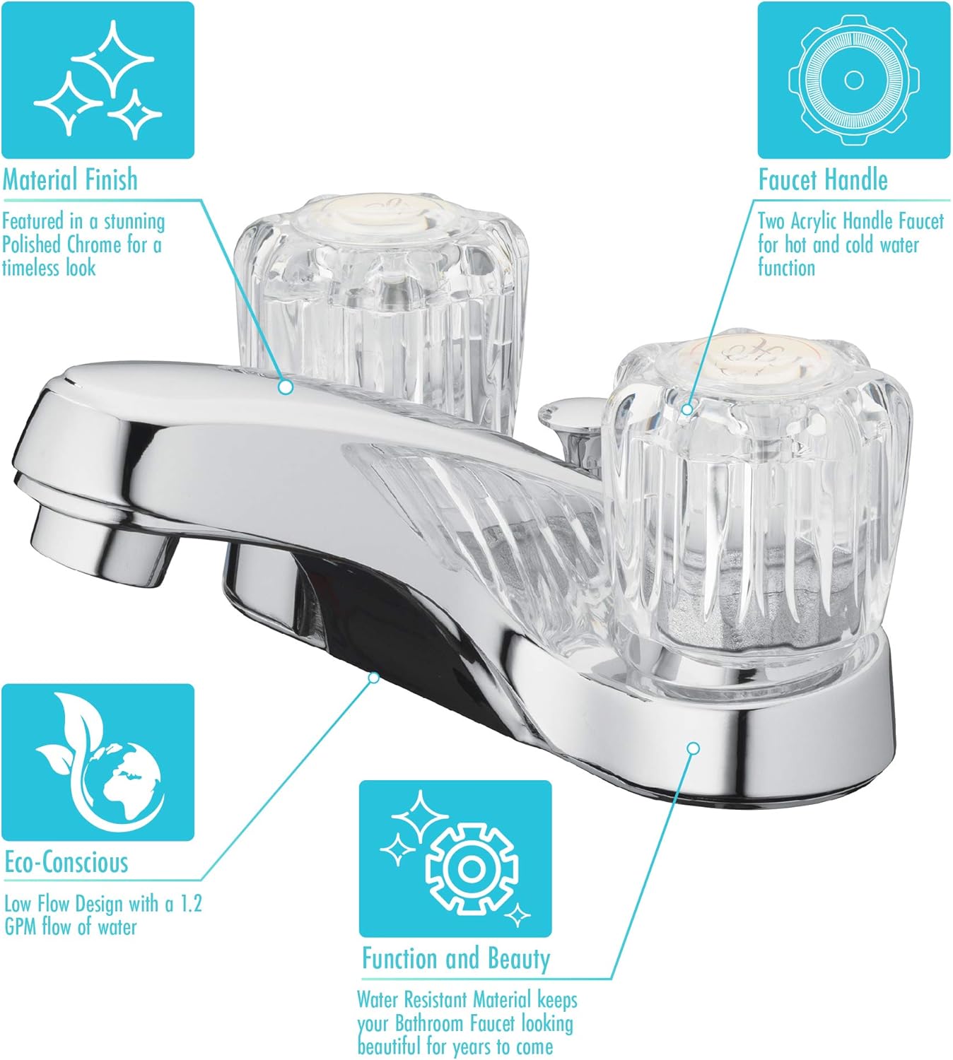 Aqua Vista 10-B421-AV Two Handle Bathroom Sink Faucet, Polished Chrome with Acrylic Round Knobs - Image 6